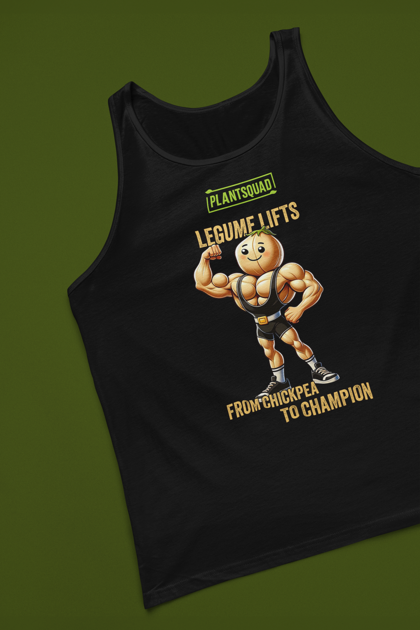 A Plantsquad Chickpea "Legume Lifts" - Unisex Tank Top with a cartoon image of a muscular chickpea flexing its biceps. The text above reads "PLANTSQUAD," and below the image, "LEGUME LIFTS - FROM CHICKPEA TO CHAMPION." Perfect for gym enthusiasts embracing the vegan lifestyle.