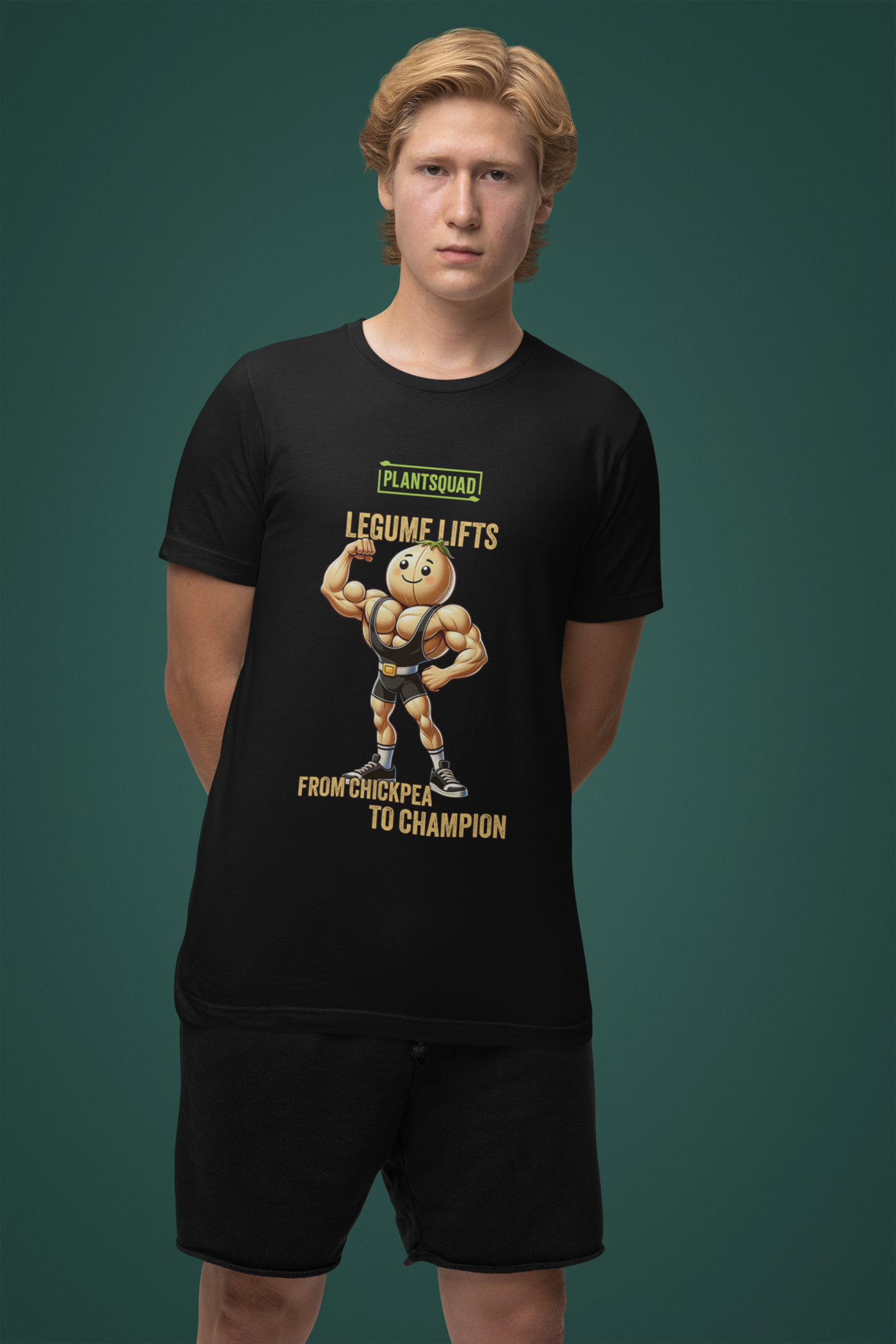 A black T-shirt featuring a muscular, anthropomorphic chickpea in a black singlet. The text reads, "PLANTSQUAD LEGUME LIFTS FROM CHICKPEA TO CHAMPION." The chickpea is flexing its biceps and smiling confidently. This is the Plantsquad Chickpea "Legume Lifts" - Unisex T-Shirt.