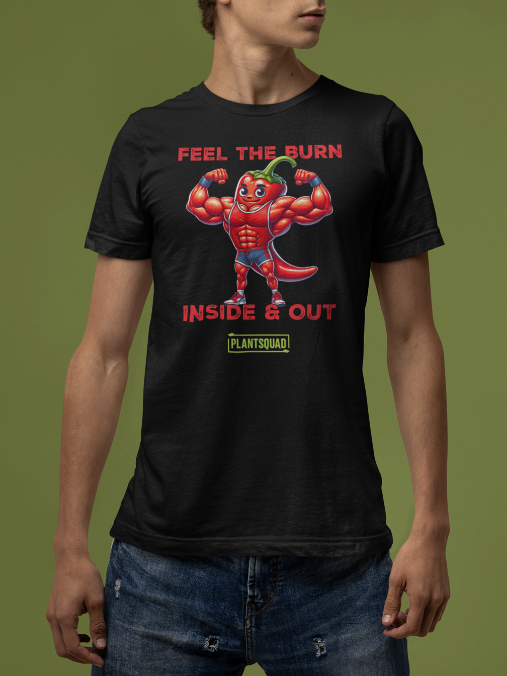 A black T-shirt showcases a muscular, flexing chili pepper character above bold red and white text that reads "FEEL THE BURN INSIDE & OUT". Below this, "Plantsquad Chilli 'Feel The Burn Inside & Out' - Unisex T-Shirt" is prominently featured inside a green rectangular box.