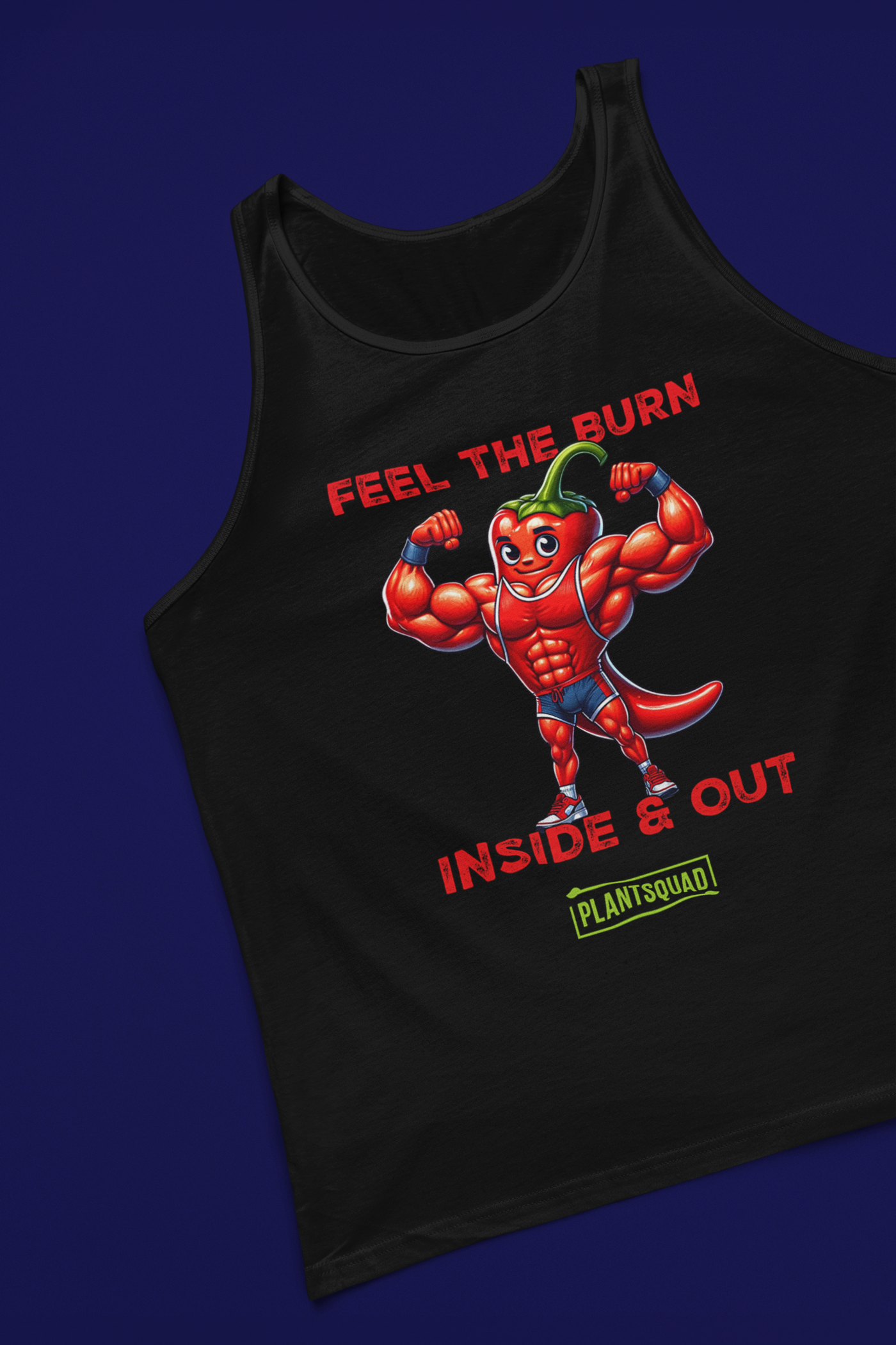 A black vegan tank top featuring a cartoon image of a muscular chili pepper flexing its biceps. The text above the image reads "FEEL THE BURN," and below it, "INSIDE & OUT." Crafted from premium breathable fabric, this Plantsquad Chilli "Feel The Burn Inside & Out" - Unisex Tank Top displays “PLANTSQUAD” at the bottom, perfect for showcasing your workout potential.