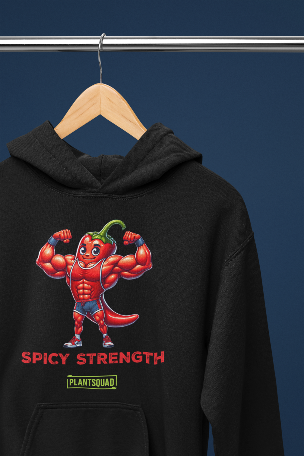 The Plantsquad Chilli "Spicy Strength" - Unisex Hoodie features a cartoon muscular chili pepper character flexing its biceps. The text "SPICY STRENGTH" is written below in red, bold letters. Lower on the hoodie, there is a green rectangular label with the text "PLANTSQUAD" in white, perfect for anyone embracing the vegan lifestyle.