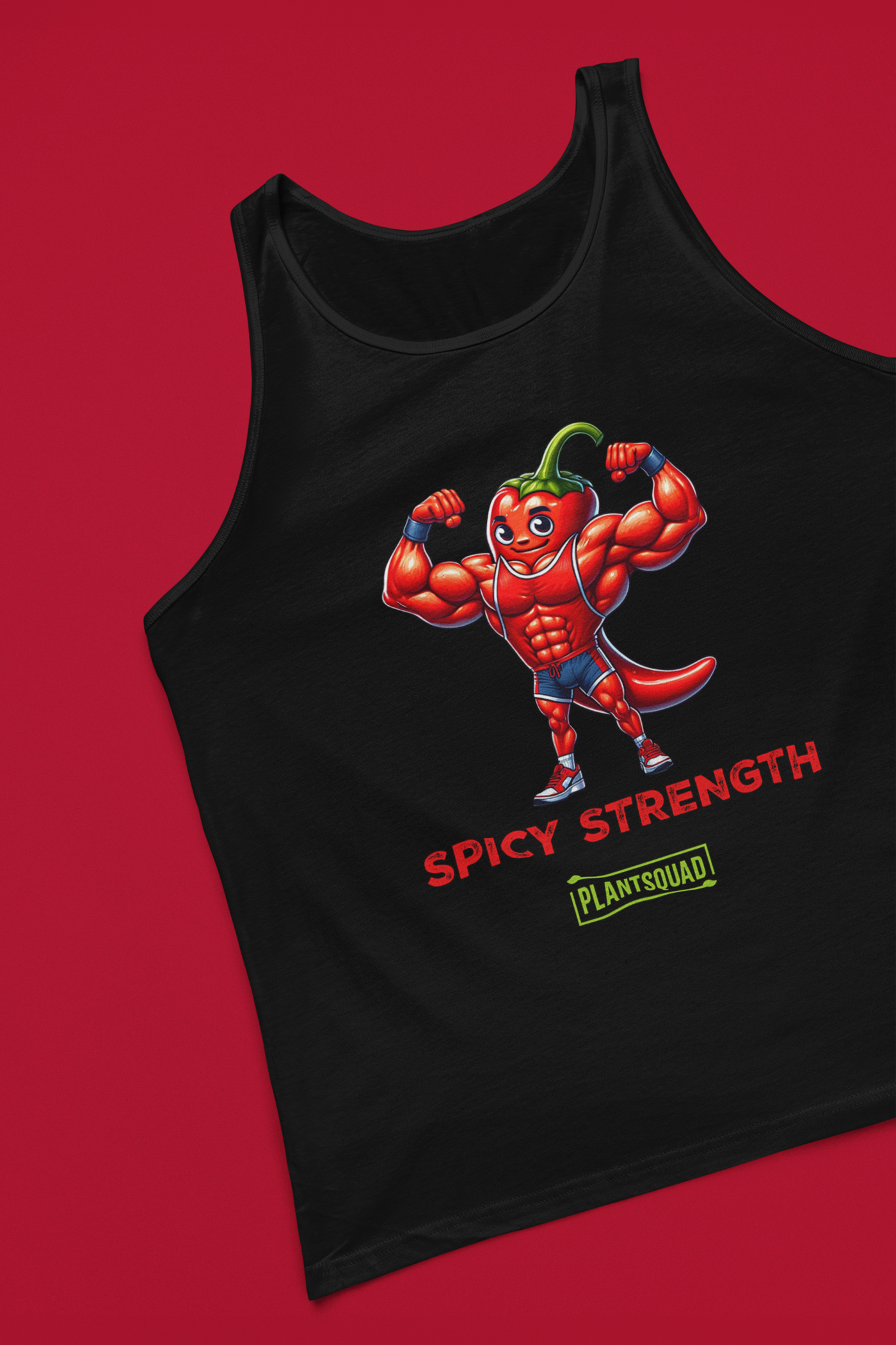 A black Plantsquad Chilli "Spicy Strength" - Unisex Tank Top featuring a muscular cartoon chili pepper flexing its biceps. Beneath the pepper, the text reads "SPICY STRENGTH" in red, with a green label below it that says "PLANTSQUAD." Ideal for gym enthusiasts and those embracing a plant-based lifestyle.