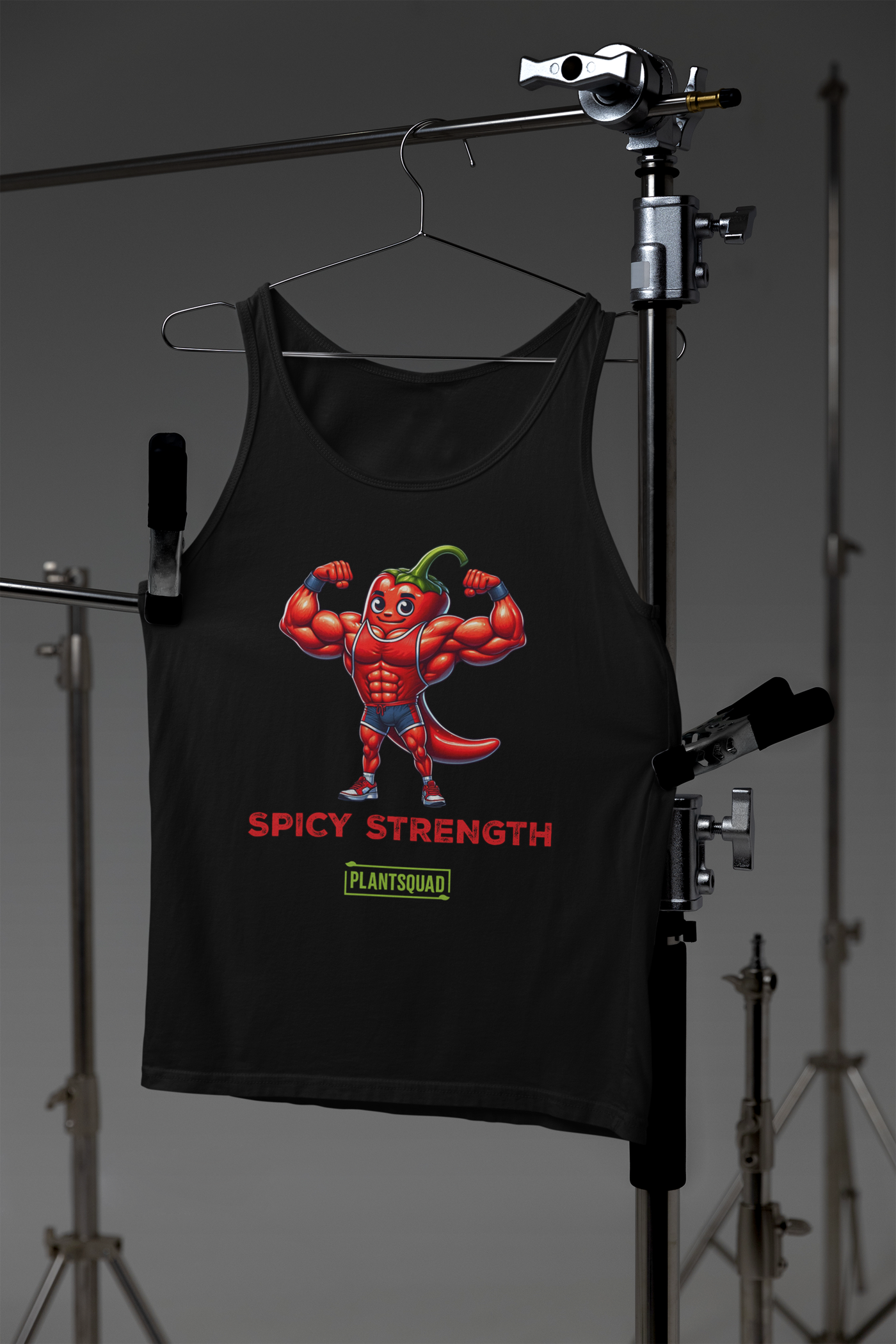 A black Plantsquad Chilli "Spicy Strength" - Unisex Tank Top featuring a muscular cartoon chili pepper flexing its biceps. Beneath the pepper, the text reads "SPICY STRENGTH" in red, with a green label below it that says "PLANTSQUAD." Ideal for gym enthusiasts and those embracing a plant-based lifestyle.