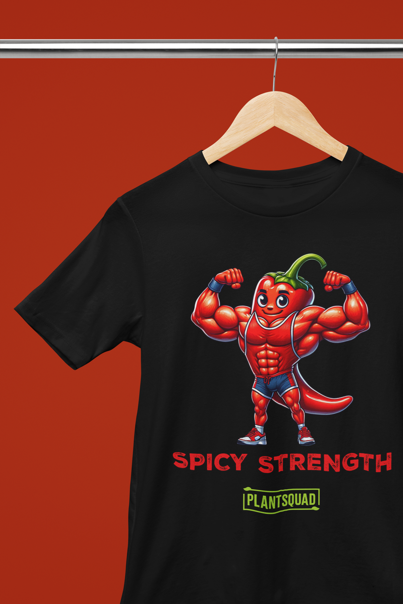 Plantsquad Chilli "Spicy Strength" - Unisex T-Shirt: A black T-shirt featuring a muscular cartoon chili pepper flexing its arms under the words "SPICY STRENGTH" in bold red text. Below that is the green and yellow Plantsquad logo, adding a touch of flair.