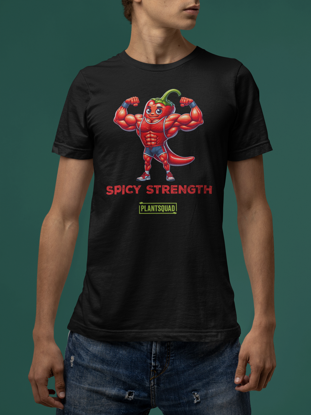 Plantsquad Chilli "Spicy Strength" - Unisex T-Shirt: A black T-shirt featuring a muscular cartoon chili pepper flexing its arms under the words "SPICY STRENGTH" in bold red text. Below that is the green and yellow Plantsquad logo, adding a touch of flair.