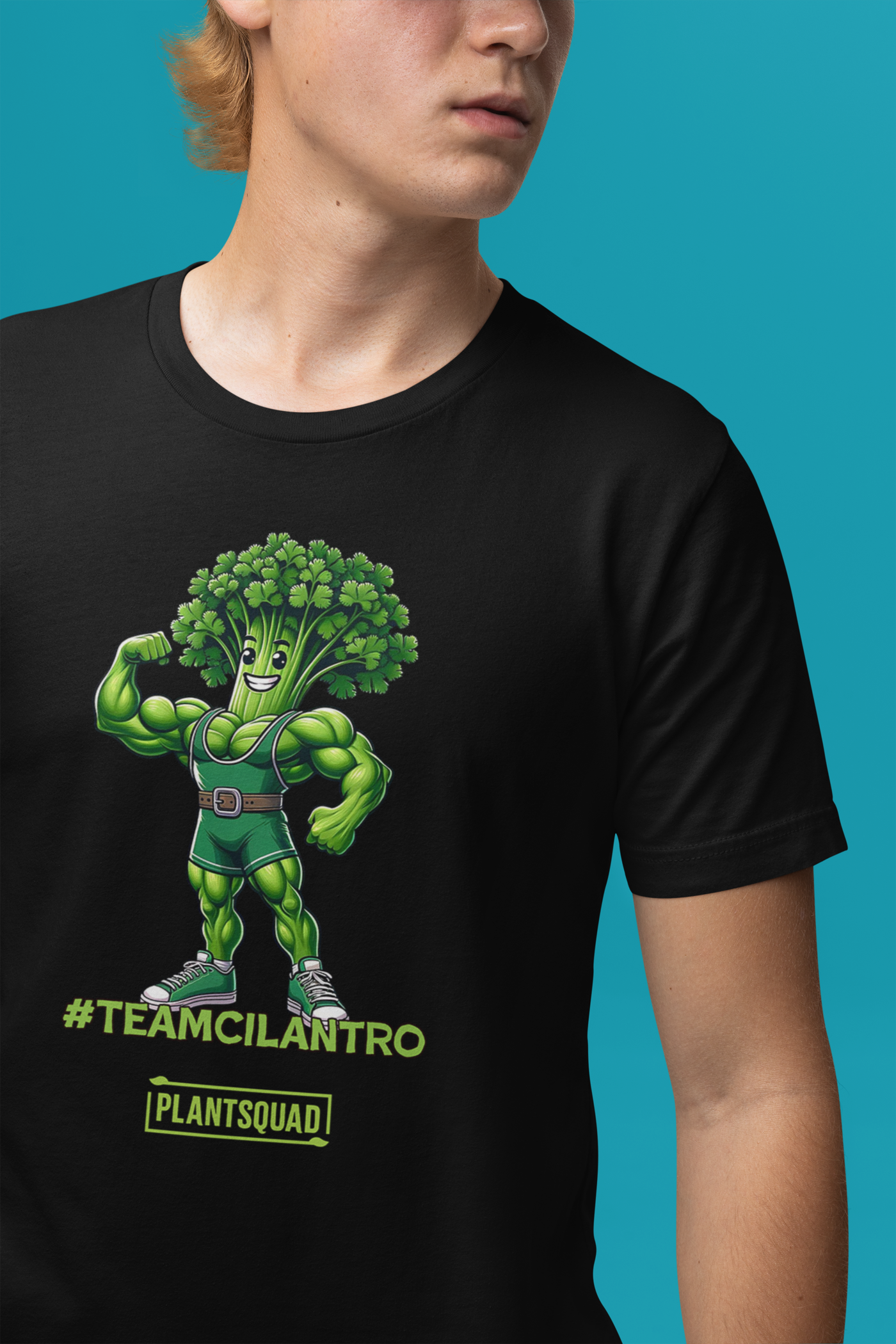 A Plantsquad Cilantro "Team Cilantro" - Unisex T-Shirt showcasing a cartoon character with a broccoli head and muscular green body. The character, dressed in a green singlet and flexing one arm, proudly displays the text "#TEAMCILANTRO" below, alongside the iconic "plant squad" logo.