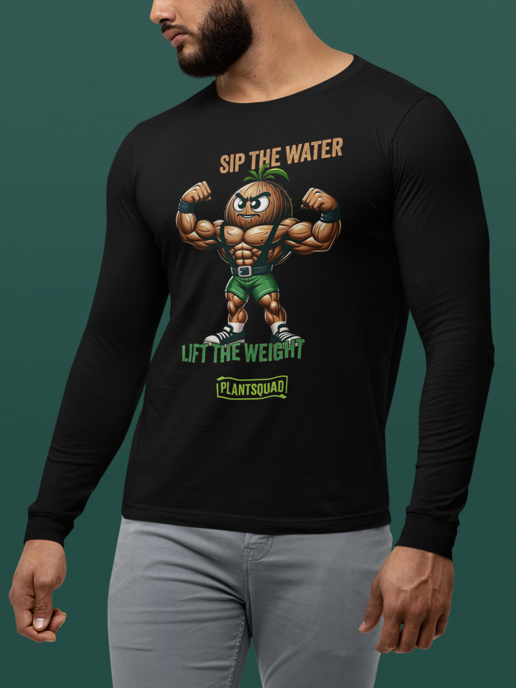 Black long-sleeve vegan fitness shirt featuring a muscly coconut cartoon lifting weights. Text above reads, "SIP THE WATER," and below, "LIFT THE WEIGHT." The word "PLANTSQUAD" appears at the bottom in a green rectangle. Perfect for anyone embracing a plant-based lifestyle.

Plantsquad Coconut "Sip The Water Lift The Weight" - Unisex Long Sleeve T-Shirt