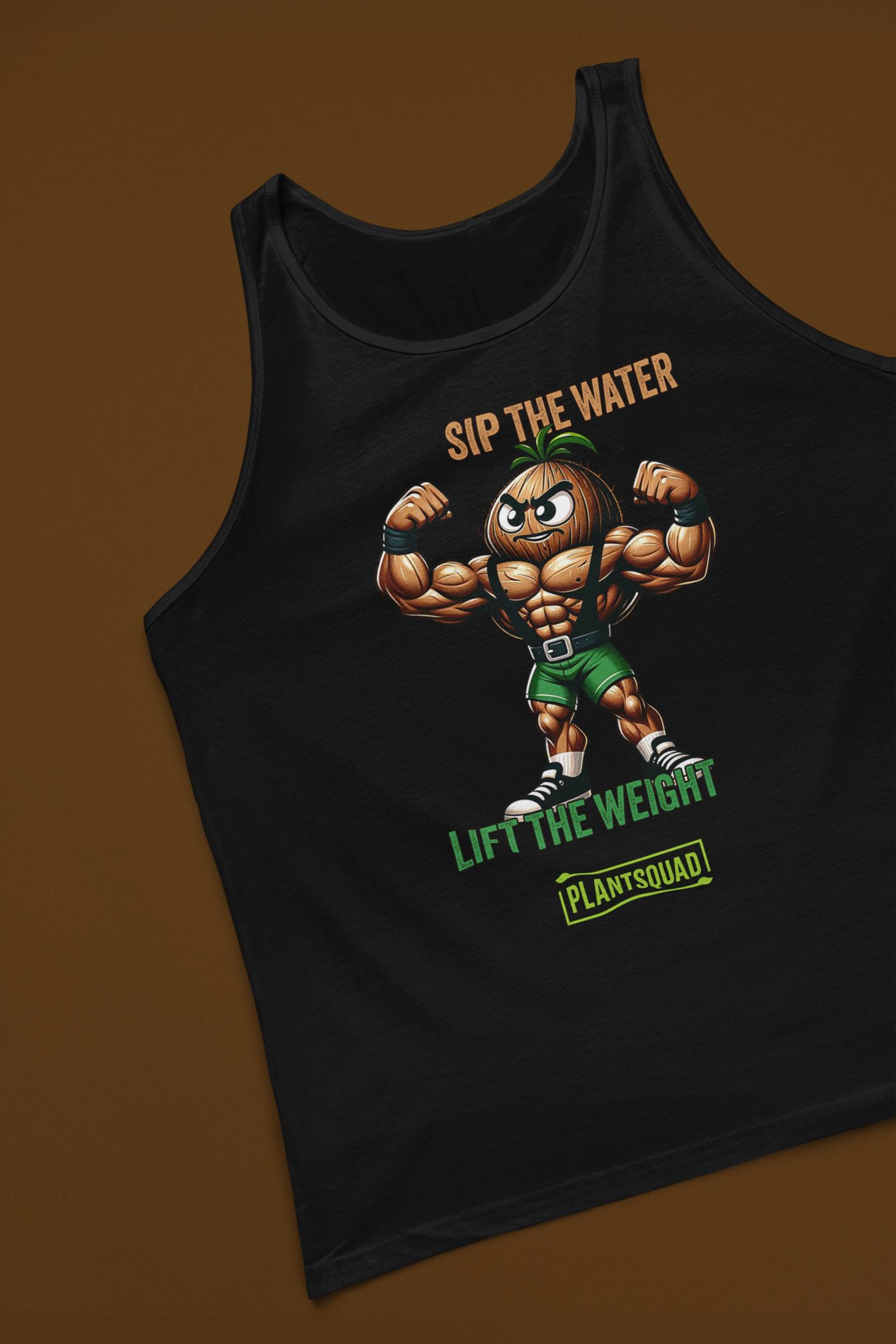 A black Plantsquad Coconut "Sip The Water Lift The Weight" - Unisex Tank Top featuring a muscular cartoon broccoli flexing its biceps. It has the text "SIP THE WATER" in orange, "LIFT THE WEIGHT" in green, and "PLANTSQUAD" in a green box at the bottom. Perfect for gym enthusiasts embracing a plant-based lifestyle.