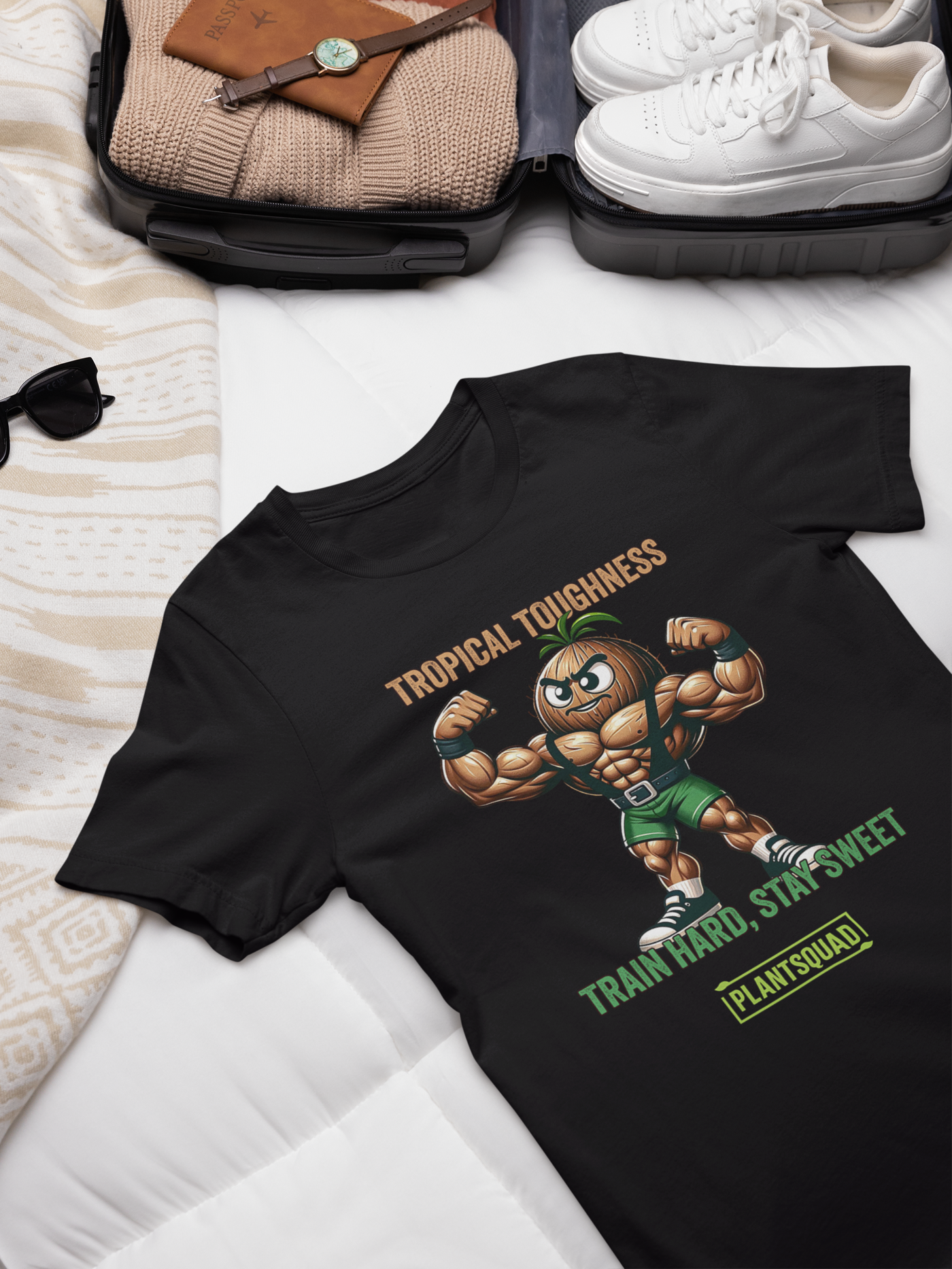 The Plantsquad Coconut "Tropical Toughness Train Hard Stay Sweet" - Unisex T-Shirt showcases a muscular pineapple character flexing in green shorts. Above, bold text declares "Tropical Toughness," while below it encourages "Train Hard, Stay Sweet." The design is complete with "Plantsquad" at the bottom in a vibrant green box.