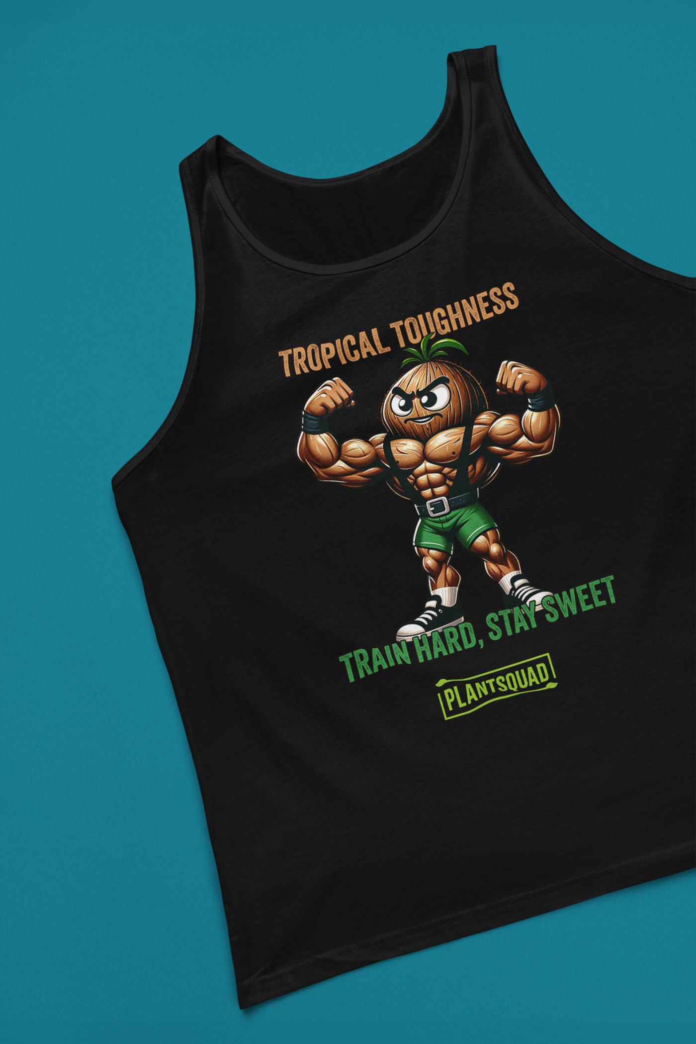 Sure, here's the sentence with the product name replaced:

The Plantsquad Coconut "Tropical Toughness Train Hard Stay Sweet" - Unisex Tank Top is a black sleeveless tank top featuring an illustration of a muscular anthropomorphic pineapple flexing its biceps. The text "Tropical Toughness" is written above the pineapple, and "Train Hard, Stay Sweet" along with "Plant Squad" is written below it—perfect vegan gym wear for a plant-based lifestyle.