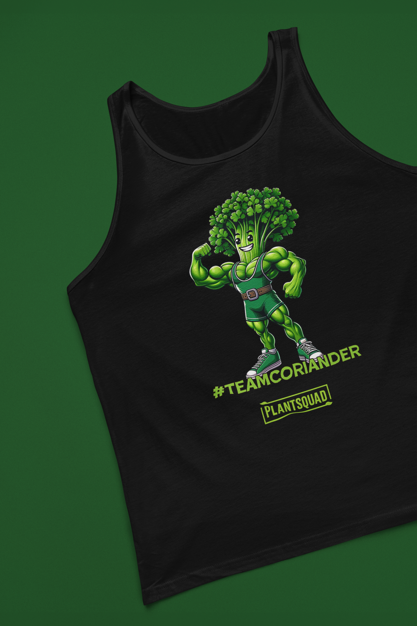 The Plantsquad Coriander "Team Coriander" - Unisex Tank Top showcases a muscular cartoon broccoli flexing its bicep, perfect for gym enthusiasts. Below the character, the text "#TeamCoriander" stands out, while "PlantSquad" is displayed inside a rectangle. Ideal for those embracing a vegan lifestyle.