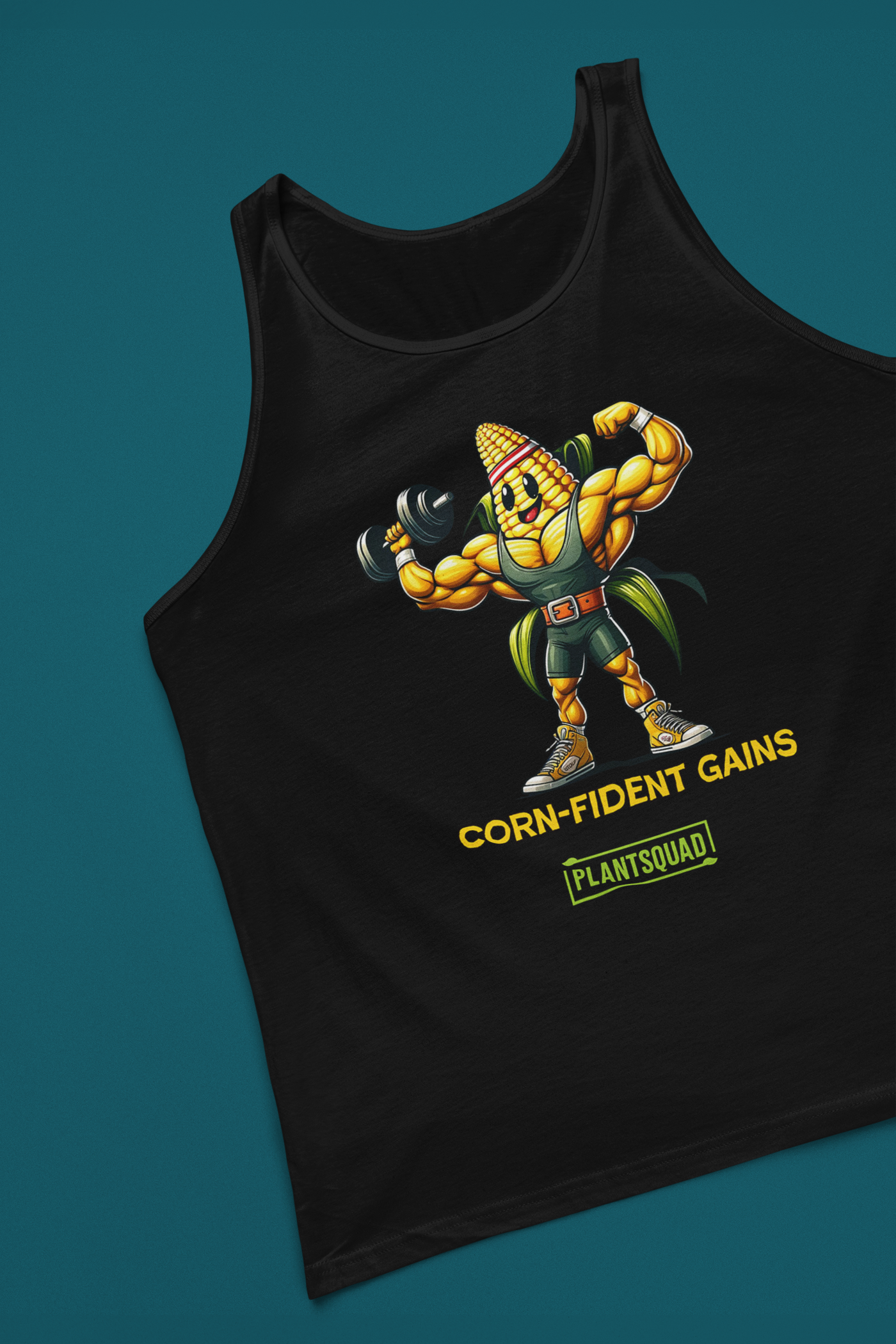 A black gym tank top featuring a muscular cartoon corn on the cob lifting a dumbbell. The corn character has sunglasses and a confident expression. The text below reads "CORN-FIDENT GAINS" and "PLANTSQUAD." Perfect for those seeking vegan workout clothes with style, this is the Plantsquad Corn "Corn-fident Gains" - Unisex Tank Top!