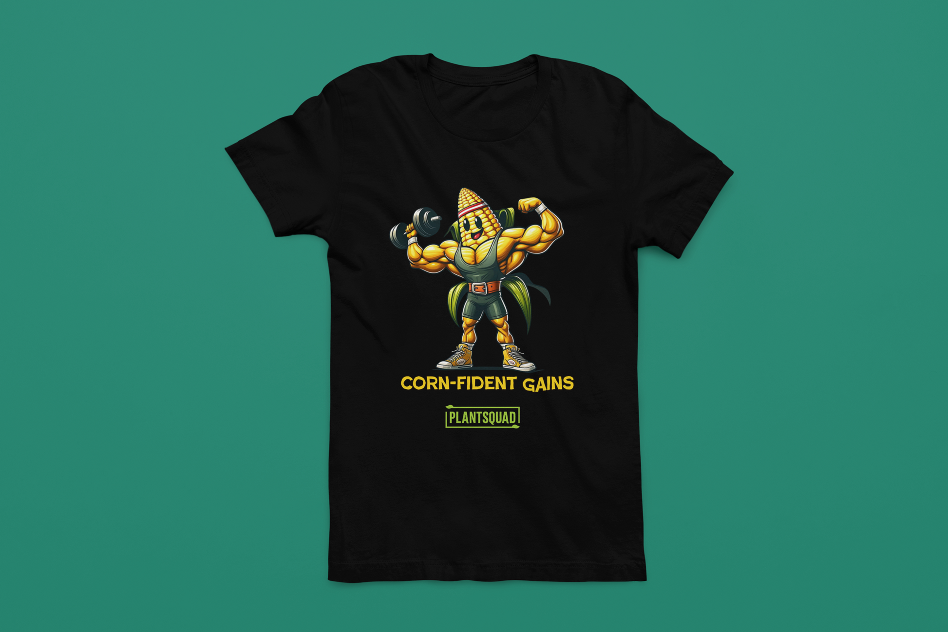 The Plantsquad Corn "Corn-fident Gains" - Unisex T-Shirt showcases a muscular cartoon corn cob sporting a green belt. The text beneath the character reads, "CORN-FIDENT GAINS," with "plantsquad" proudly displayed in a green box below it.