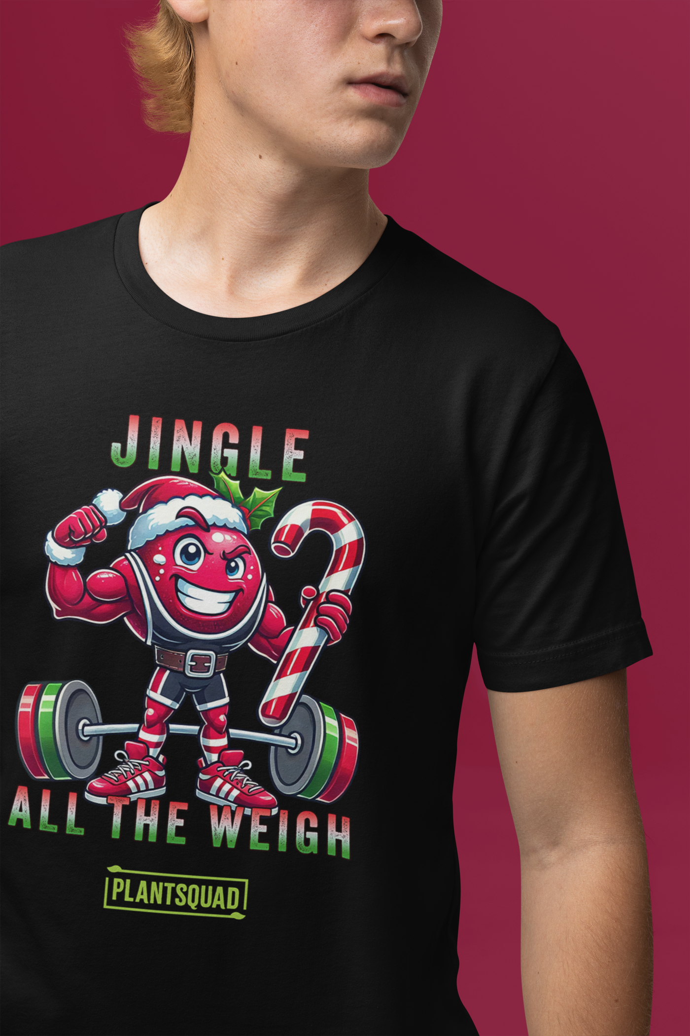 A model featuring a muscled cranberry cartoon character flexing its arms holding a candy cane.  A small green logo "PLANTSQUAD" appears above the character, "JINGLE ALL THE WEIGH" below. Perfect for those embracing a plant-based or vegan lifestyle that are into fitness