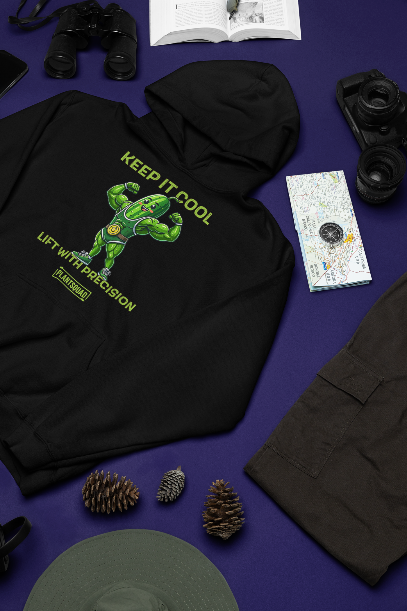 A black hoodie featuring a muscular green pickle character flexing its arms. Above the character, it says "KEEP IT COOL," and below, "LIFT WITH PRECISION." The word "PLANTSQUAD" is written on a banner beneath the pickle, perfect for those embracing a plant-based vegan lifestyle while weight lifting—this is the Plantsquad Cucumber "Keep It Cool Lift With Precision" - Unisex Hoodie.