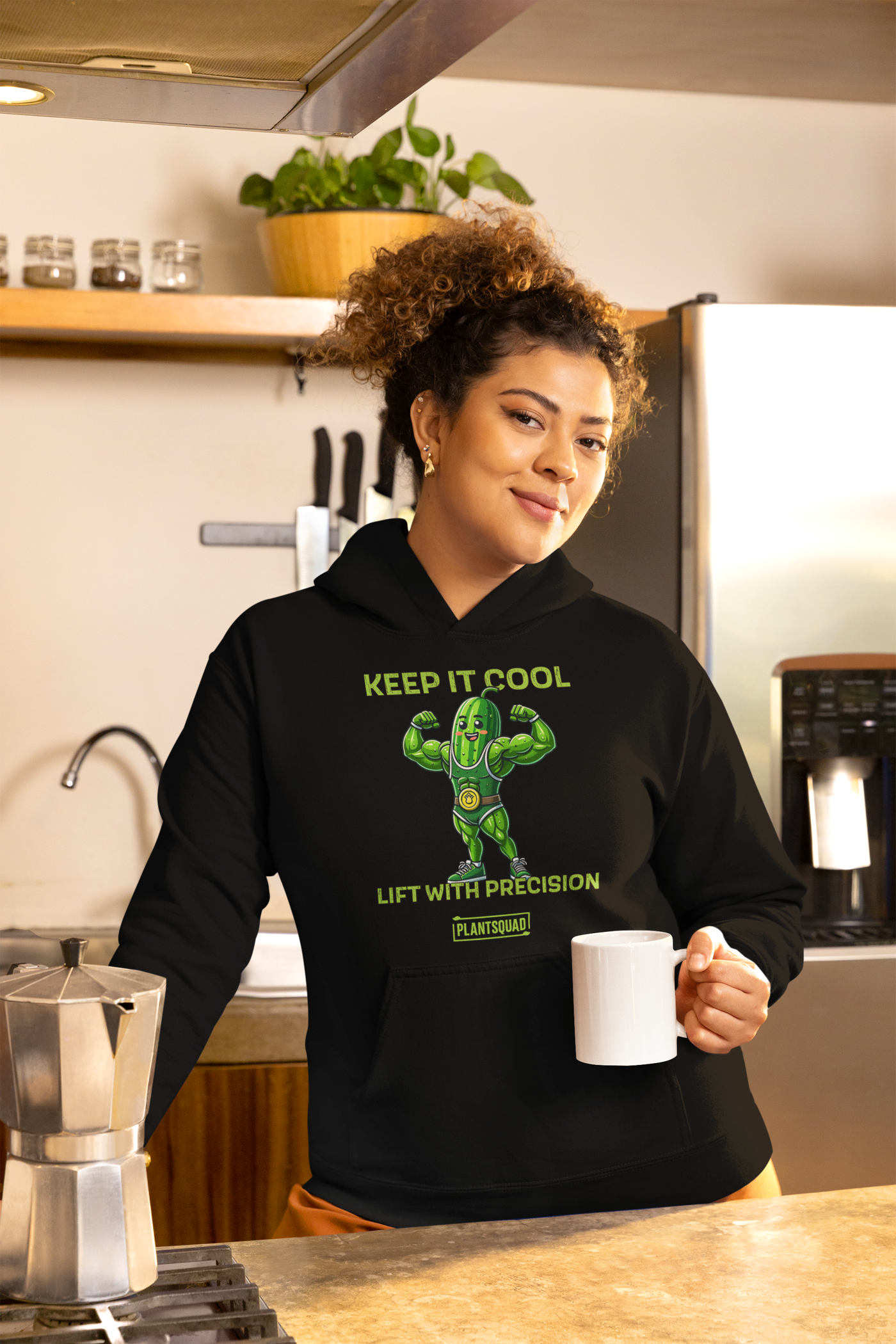 A black hoodie featuring a muscular green pickle character flexing its arms. Above the character, it says "KEEP IT COOL," and below, "LIFT WITH PRECISION." The word "PLANTSQUAD" is written on a banner beneath the pickle, perfect for those embracing a plant-based vegan lifestyle while weight lifting—this is the Plantsquad Cucumber "Keep It Cool Lift With Precision" - Unisex Hoodie.