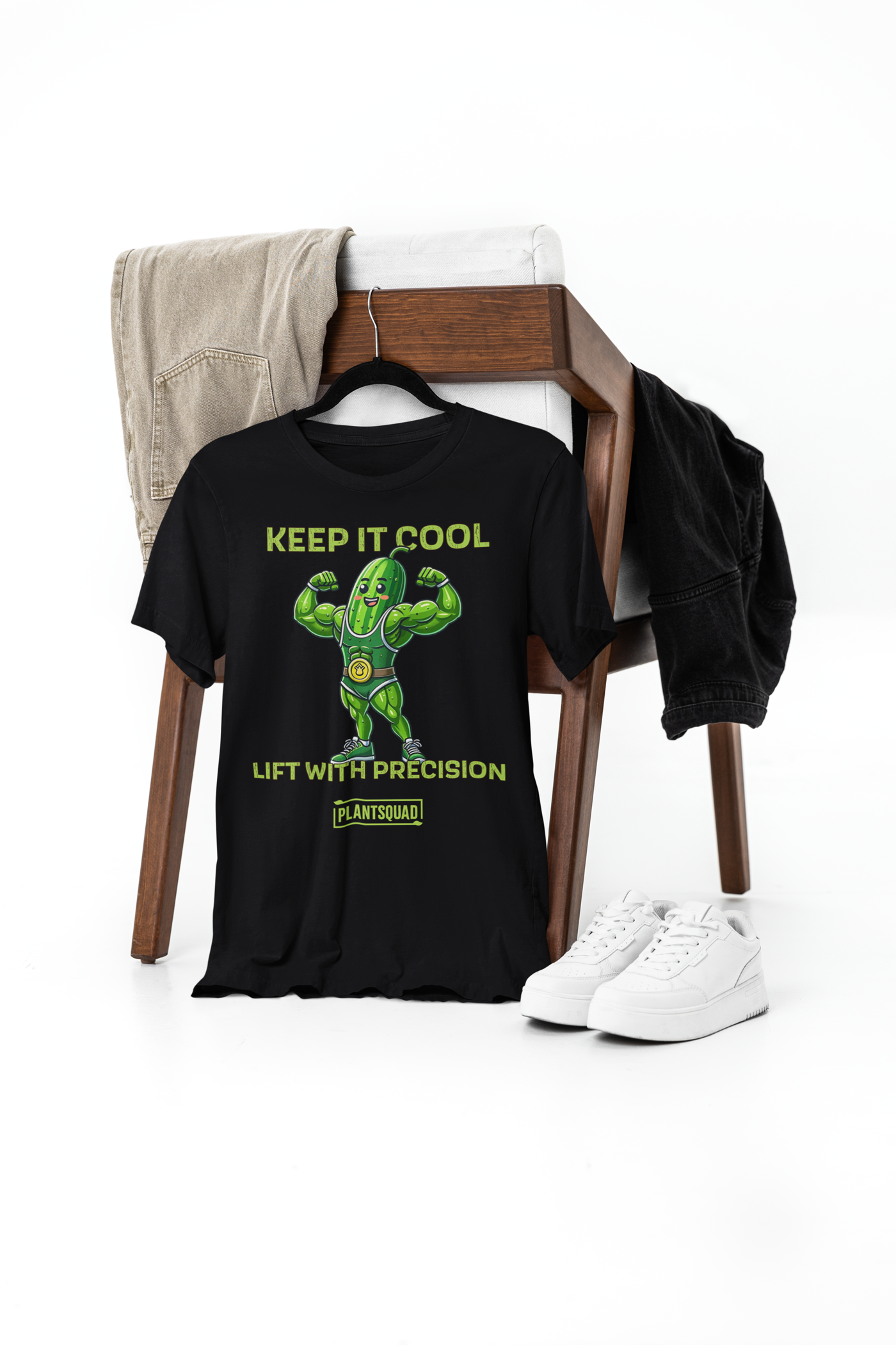 The Plantsquad Cucumber "Keep It Cool Lift With Precision" - Unisex T-Shirt showcases a cartoon cucumber in a green leotard flexing its muscles. Above, the text reads "KEEP IT COOL." Below, it states "LIFT WITH PRECISION" and proudly displays "#PLANTSQUAD" within a yellow rectangle.