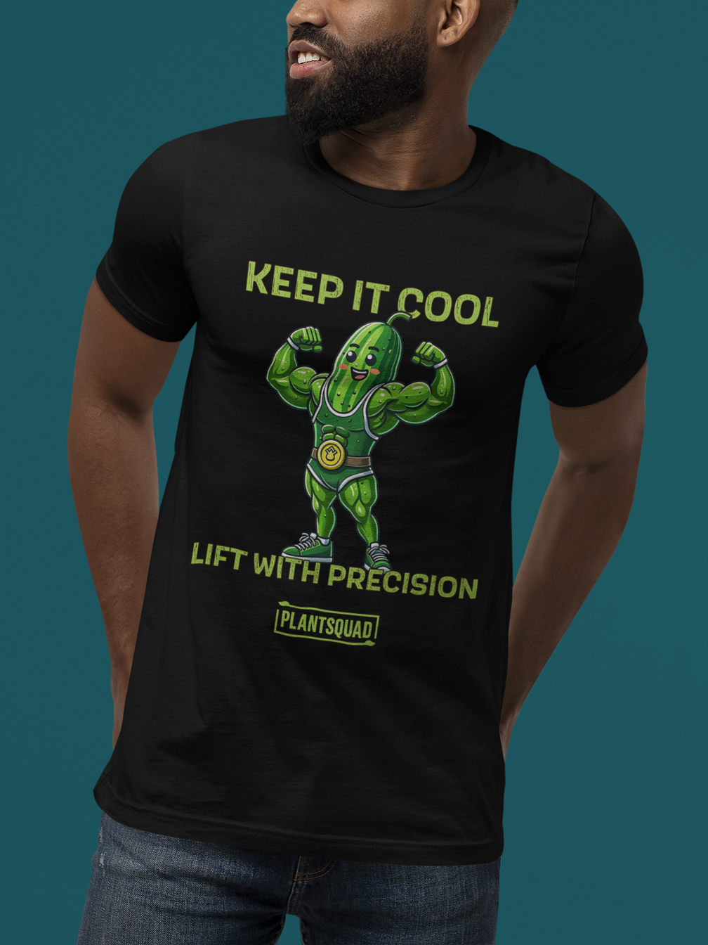 The Plantsquad Cucumber "Keep It Cool Lift With Precision" - Unisex T-Shirt showcases a cartoon cucumber in a green leotard flexing its muscles. Above, the text reads "KEEP IT COOL." Below, it states "LIFT WITH PRECISION" and proudly displays "#PLANTSQUAD" within a yellow rectangle.