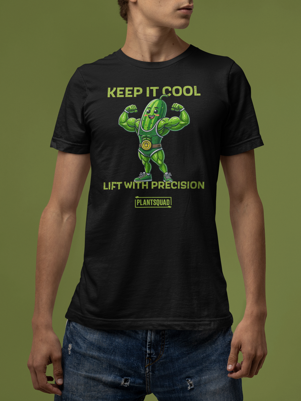 The Plantsquad Cucumber "Keep It Cool Lift With Precision" - Unisex T-Shirt showcases a cartoon cucumber in a green leotard flexing its muscles. Above, the text reads "KEEP IT COOL." Below, it states "LIFT WITH PRECISION" and proudly displays "#PLANTSQUAD" within a yellow rectangle.