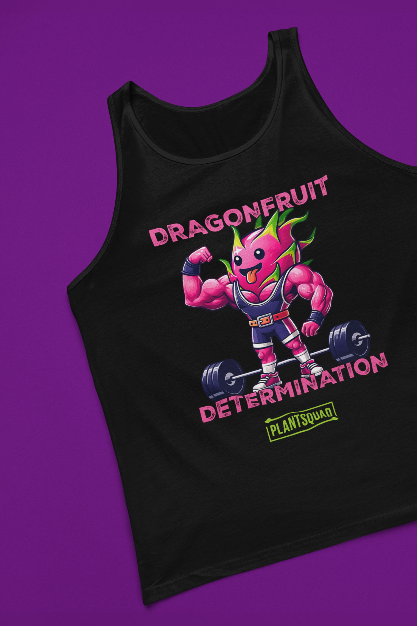 The Plantsquad Dragonfruit "Dragonfruit Determination" - Unisex Tank Top is a sleeveless black tank, showcasing a muscular, anthropomorphic dragon fruit character in a bodybuilding pose. Perfect for intense training sessions, it features "DRAGONFRUIT DETERMINATION" above and below the character, with a "PLANTSQUAD" logo at the bottom.