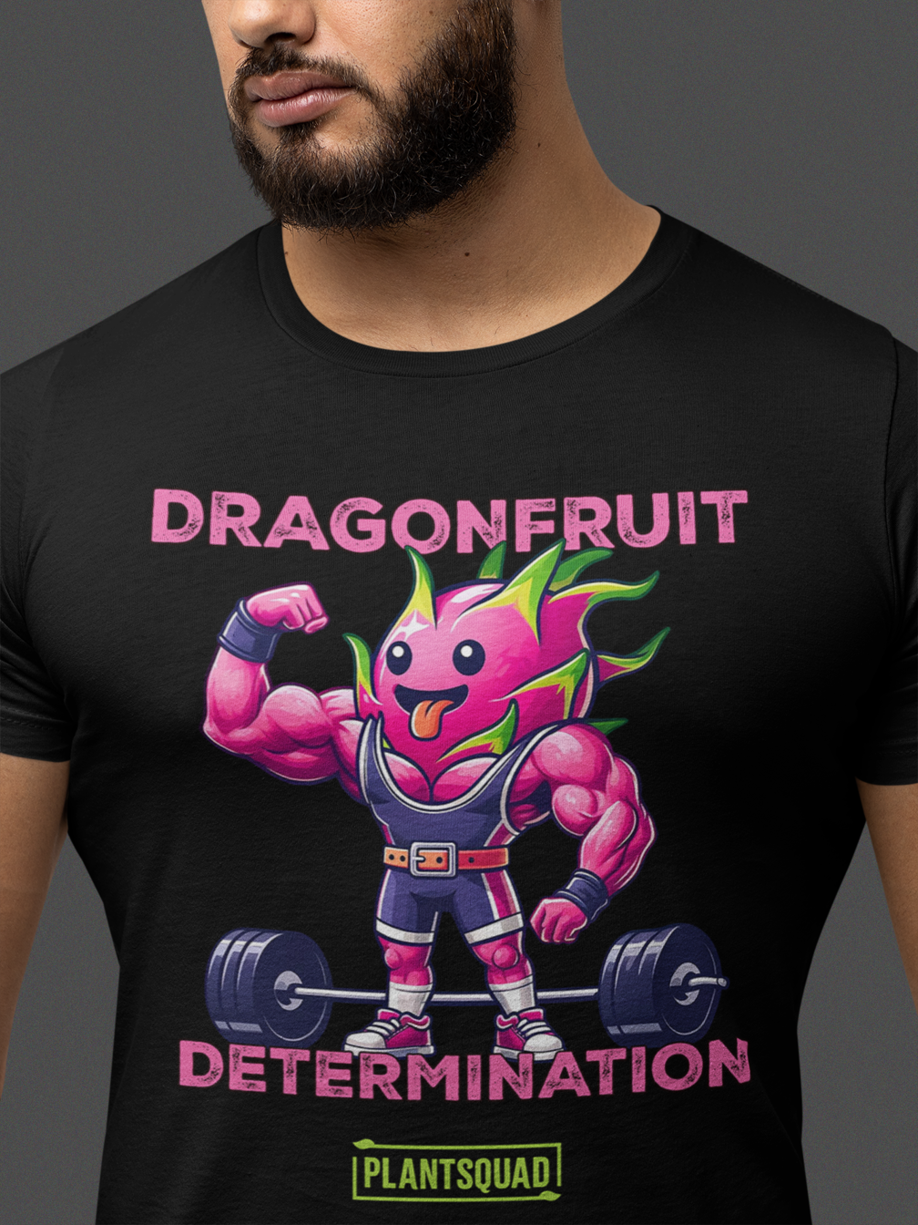 The Plantsquad Dragonfruit "Dragonfruit Determination" - Unisex T-Shirt features a black T-shirt with a muscular anthropomorphic dragon fruit character lifting weights. The text above the character reads "Dragonfruit" and below it reads "Determination." At the bottom, there's a stylish PlantSquad logo.