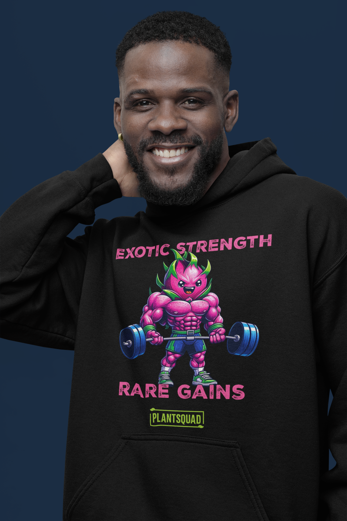 Plantsquad Dragonfruit "Exotic Strength Rare Gains" - Unisex Hoodie featuring a muscular, pink cartoon character with green hair lifting dumbbells. The text above and below the character reads "EXOTIC STRENGTH" and "RARE GAINS" in pink, with "PLANTSQUAD" in green and yellow at the bottom. Perfect for embracing a vegan lifestyle!