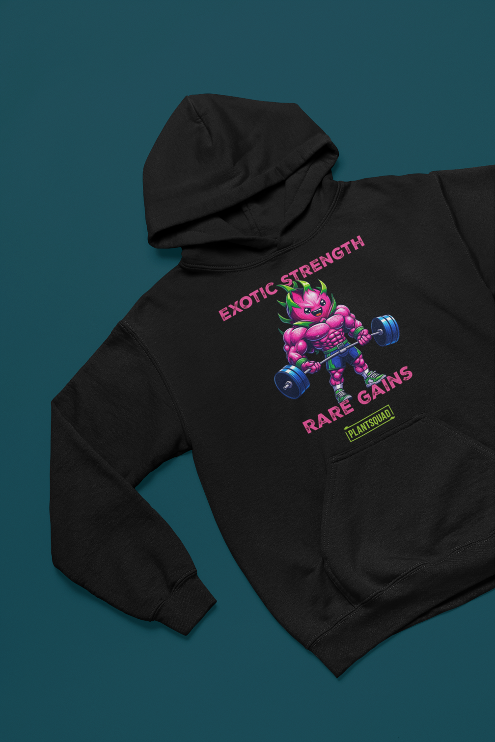 Plantsquad Dragonfruit "Exotic Strength Rare Gains" - Unisex Hoodie featuring a muscular, pink cartoon character with green hair lifting dumbbells. The text above and below the character reads "EXOTIC STRENGTH" and "RARE GAINS" in pink, with "PLANTSQUAD" in green and yellow at the bottom. Perfect for embracing a vegan lifestyle!