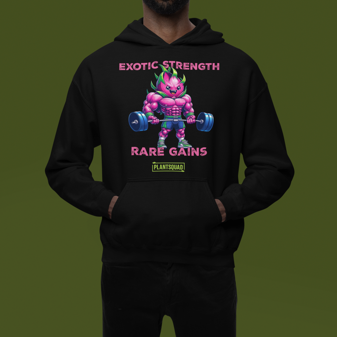 Plantsquad Dragonfruit "Exotic Strength Rare Gains" - Unisex Hoodie featuring a muscular, pink cartoon character with green hair lifting dumbbells. The text above and below the character reads "EXOTIC STRENGTH" and "RARE GAINS" in pink, with "PLANTSQUAD" in green and yellow at the bottom. Perfect for embracing a vegan lifestyle!