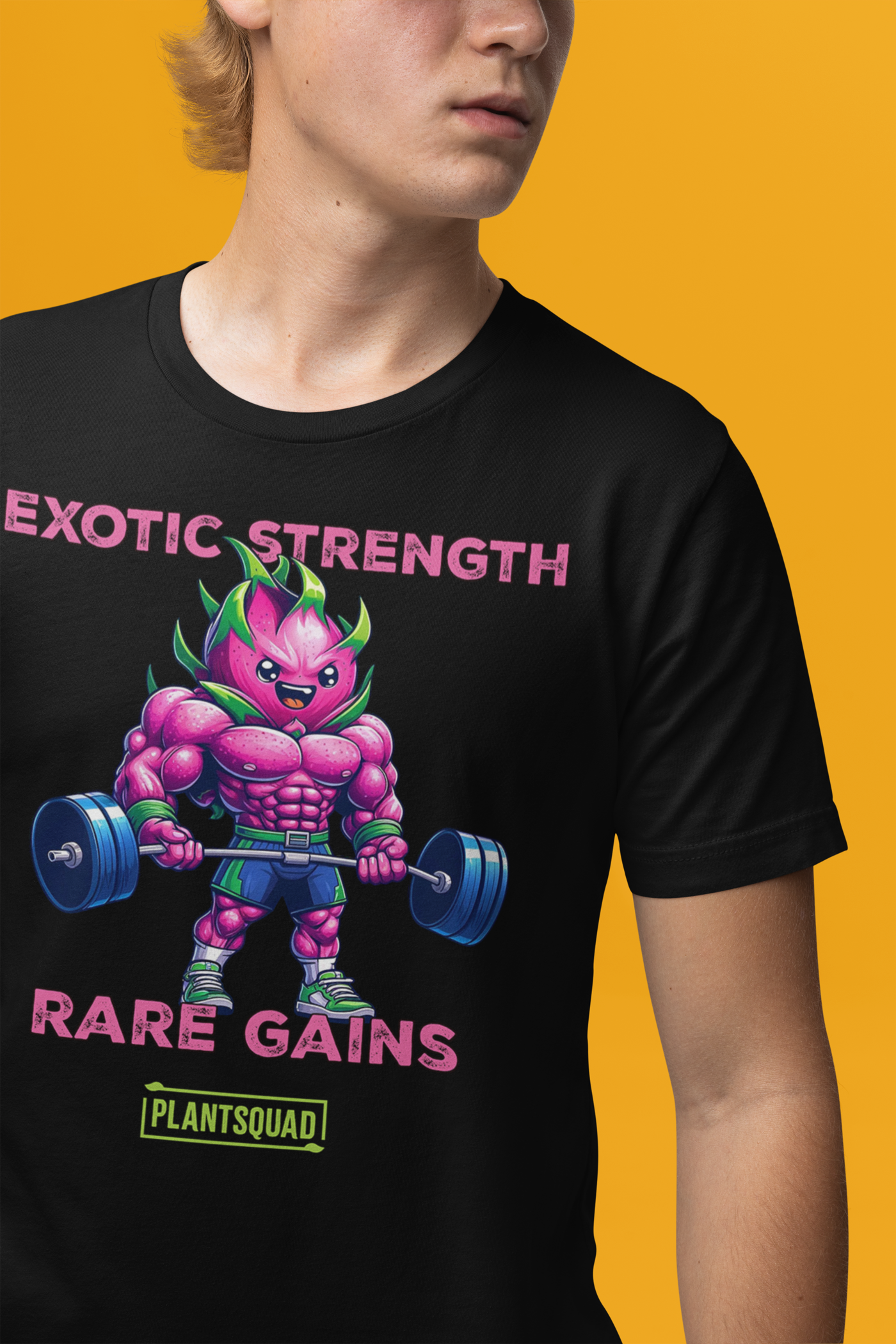 A Plantsquad Dragonfruit "Exotic Strength Rare Gains" - Unisex T-Shirt featuring a muscular anthropomorphic plant figure lifting a barbell. The character boasts bright purple skin and green leaves. Above the figure, text reads "EXOTIC STRENGTH," and below, "RARE GAINS." A small logo at the bottom proudly displays "PLANTSQUAD.