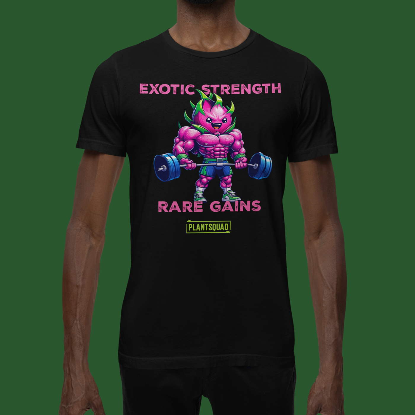 A Plantsquad Dragonfruit "Exotic Strength Rare Gains" - Unisex T-Shirt featuring a muscular anthropomorphic plant figure lifting a barbell. The character boasts bright purple skin and green leaves. Above the figure, text reads "EXOTIC STRENGTH," and below, "RARE GAINS." A small logo at the bottom proudly displays "PLANTSQUAD.