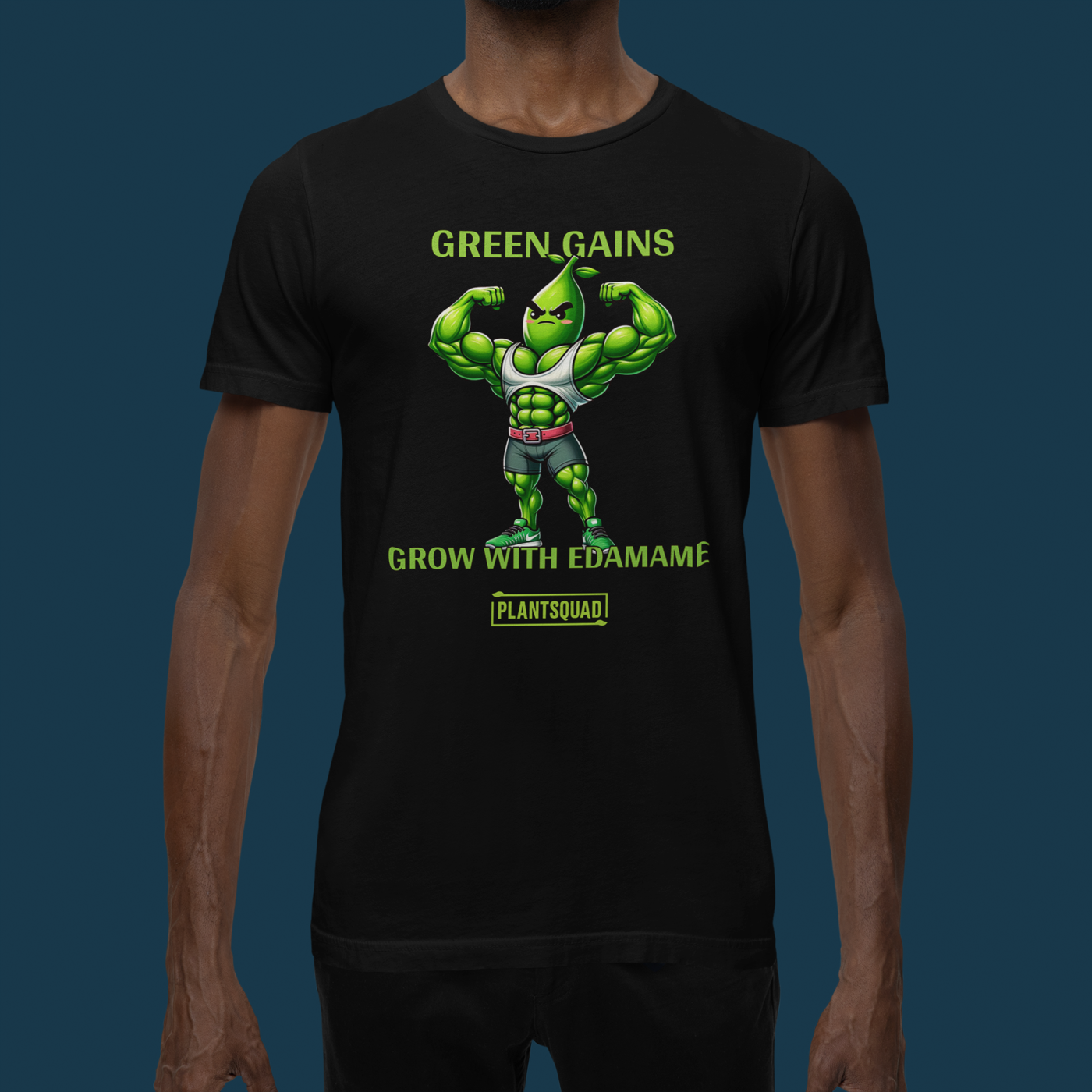 A Plantsquad Edamame "Green Gains Grow With Edamame" - Unisex T-Shirt featuring a flexing anthropomorphic edamame character with muscular arms. The text above reads "GREEN GAINS" and below "GROW WITH EDAMAME." The bottom text, showcased in a small, yellow box, proudly displays "plantsquad".