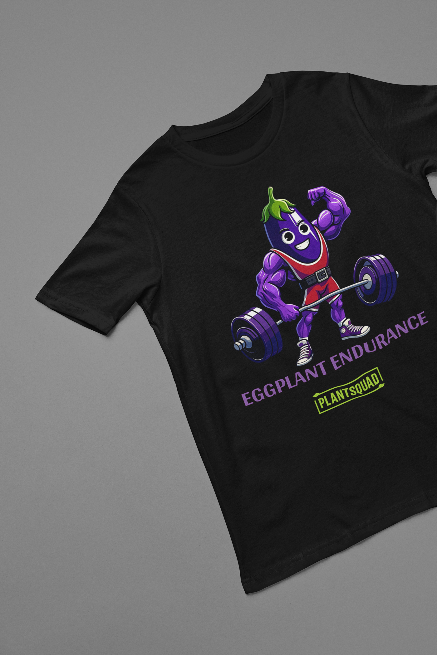 A Plantsquad Eggplant "Eggplant Endurance" - Unisex T-Shirt featuring a muscular animated eggplant character wearing a red and white athletic outfit, lifting a barbell. The text reads "Eggplant Endurance" above "Plantsquad" in green.