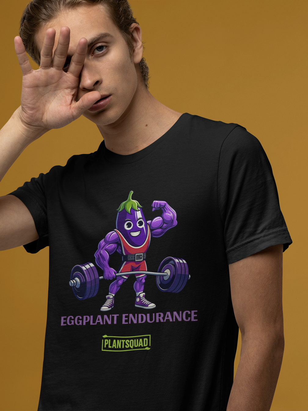 A Plantsquad Eggplant "Eggplant Endurance" - Unisex T-Shirt featuring a muscular animated eggplant character wearing a red and white athletic outfit, lifting a barbell. The text reads "Eggplant Endurance" above "Plantsquad" in green.