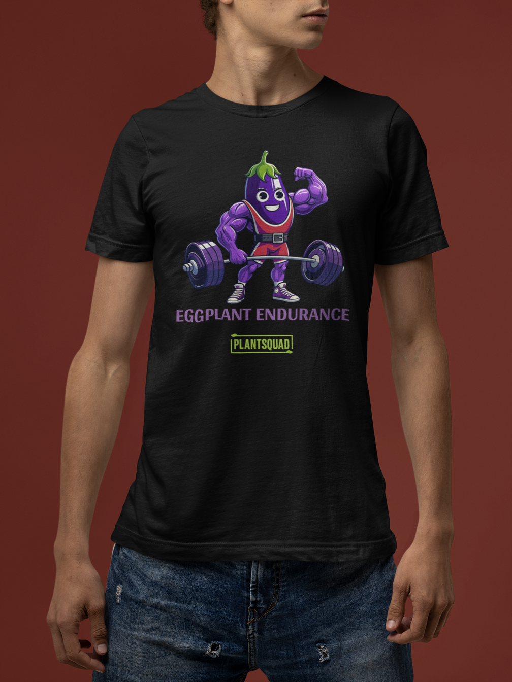 A Plantsquad Eggplant "Eggplant Endurance" - Unisex T-Shirt featuring a muscular animated eggplant character wearing a red and white athletic outfit, lifting a barbell. The text reads "Eggplant Endurance" above "Plantsquad" in green.