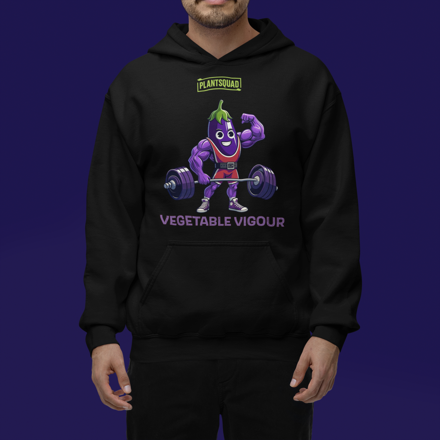 The Plantsquad Eggplant "Vegetable Vigour" - Unisex Hoodie features an illustration of a muscular cartoon vegetable lifting weights. The character is smiling and flexing one arm. The text above reads "PLANT SQUAD," and below, it says "VEGETABLE VIGOUR." Perfect for embracing the vegan lifestyle with its fun, weight-lifting theme.