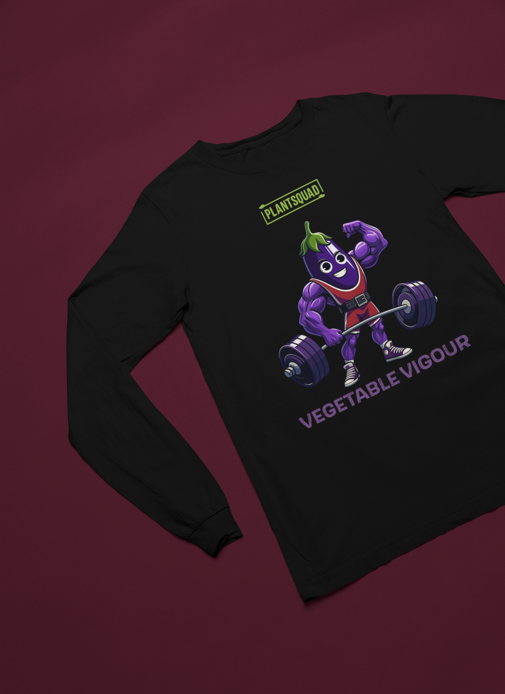 The Plantsquad Eggplant "Vegetable Vigour" - Unisex Long Sleeve T-Shirt features a cartoon eggplant character lifting a barbell. The eggplant is muscular, smiling, and wearing red shorts. Above the character, the text reads "PLANTSQUAD." Below, the text says "VEGETABLE VIGOUR" in bold purple letters—perfect for fitness enthusiasts embracing a vegan lifestyle.