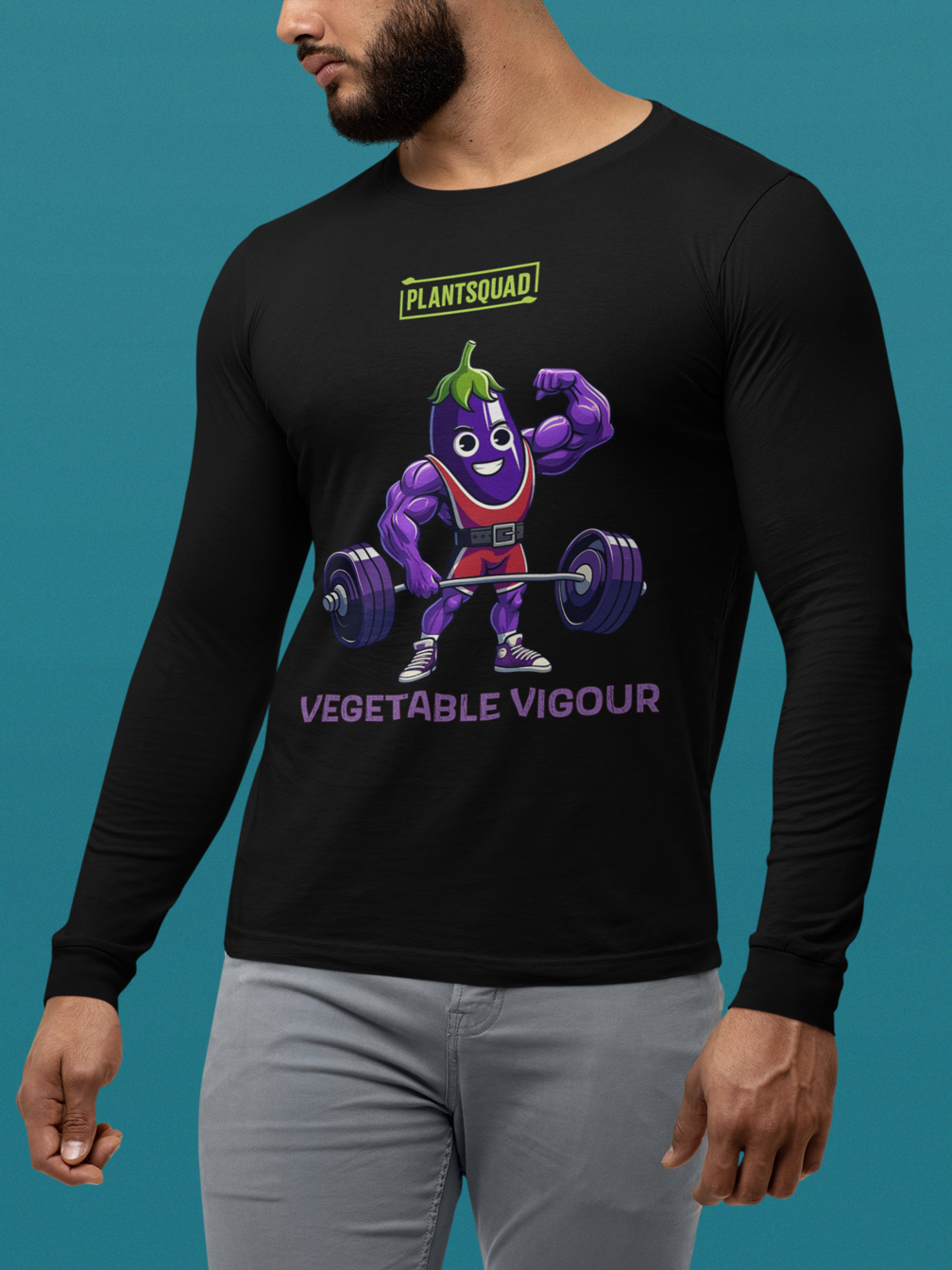 The Plantsquad Eggplant "Vegetable Vigour" - Unisex Long Sleeve T-Shirt features a cartoon eggplant character lifting a barbell. The eggplant is muscular, smiling, and wearing red shorts. Above the character, the text reads "PLANTSQUAD." Below, the text says "VEGETABLE VIGOUR" in bold purple letters—perfect for fitness enthusiasts embracing a vegan lifestyle.