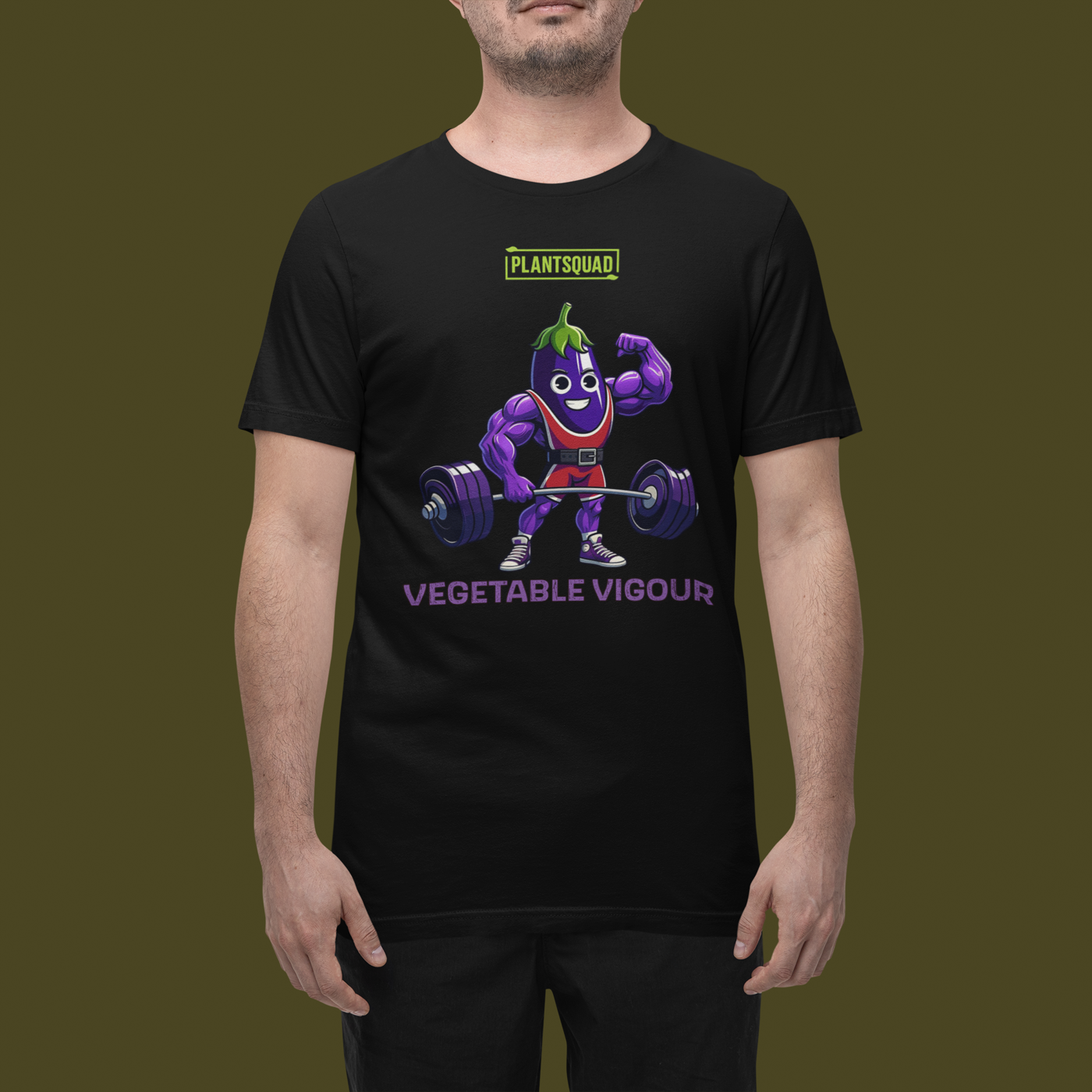 A Plantsquad Eggplant "Vegetable Vigour" - Unisex T-Shirt featuring a cartoon eggplant character lifting a heavy barbell. The muscular, smiling eggplant sports red shorts and green hair. Above the character, it proudly reads "PLANTSQUAD," with "VEGETABLE VIGOUR" in bold purple letters below.