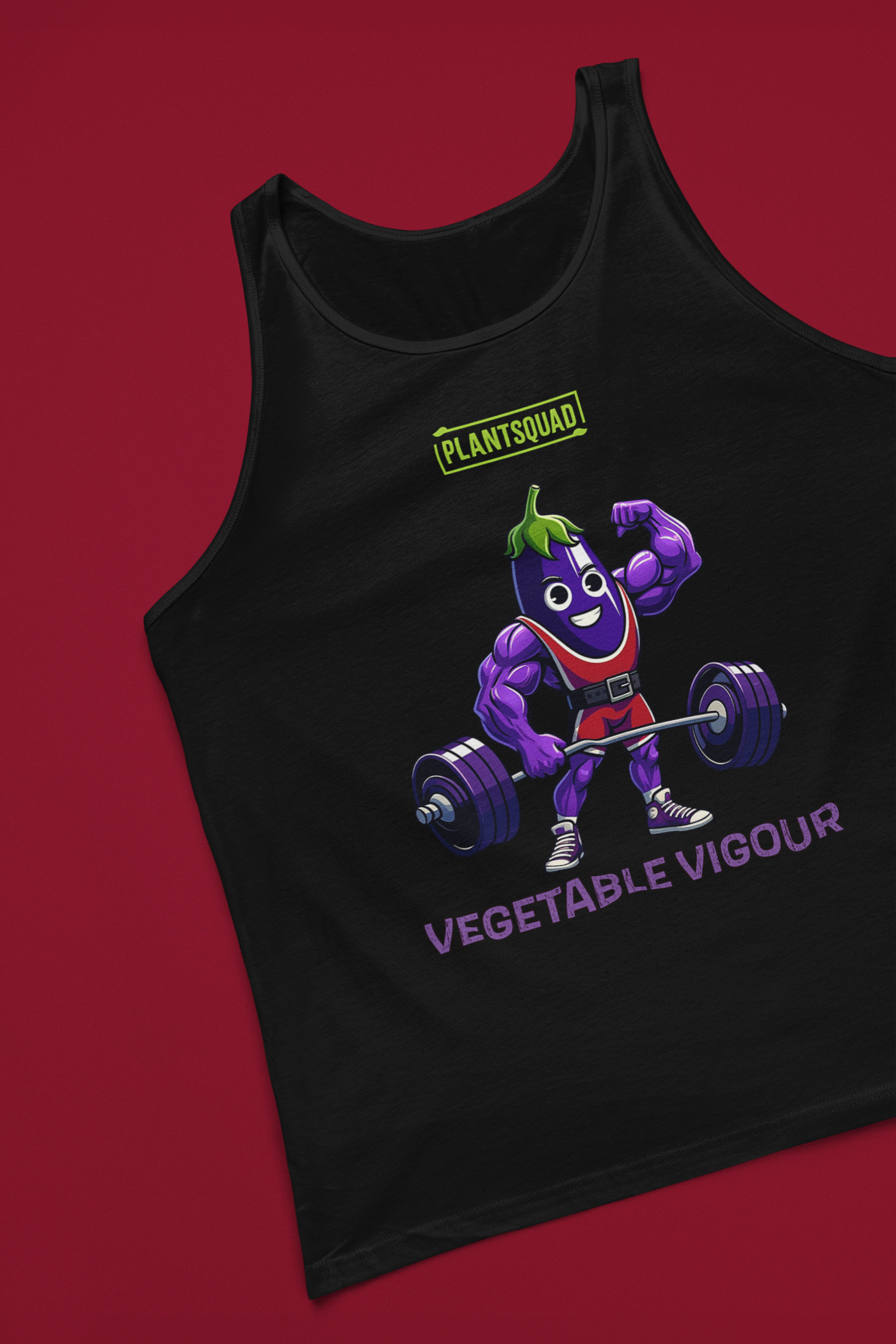 Black vegan tank top featuring a muscular, purple cartoon eggplant character lifting heavy barbells. The eggplant is smiling and flexing one arm. Perfect for gym enthusiasts with a plant-based lifestyle, this top has "PLANT SQUAD" above the character and "VEGETABLE VIGOUR" below in bold text. Introducing the Plantsquad Eggplant "Vegetable Vigour" - Unisex Tank Top.