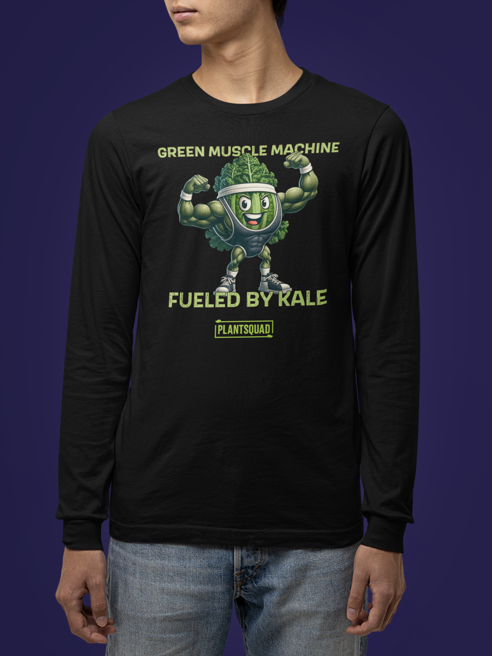 Plantsquad Kale "Green Muscle Machine Fueled By Kale" - Unisex Long Sleeve T-Shirt featuring a muscular cartoon kale character flexing its arms. Above the character, text reads, "GREEN MUSCLE MACHINE," and below it, "FUELED BY KALE." Perfect for fitness enthusiasts embracing a vegan lifestyle! The bottom of the design includes "PLANTSQUAD" inside a rectangular box.