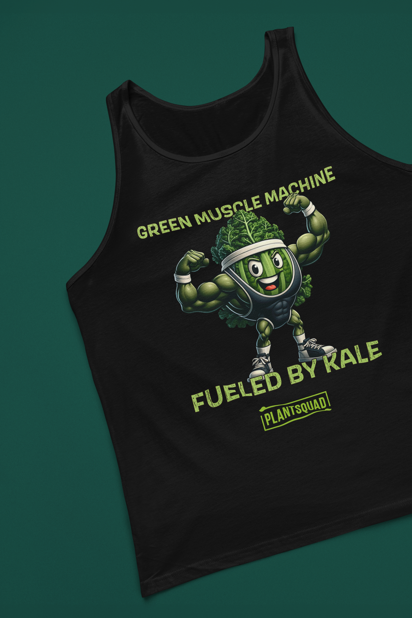 The Plantsquad Kale "Green Muscle Machine Fueled By Kale" - Unisex Tank Top features a muscly kale cartoon flexing its biceps. Above the graphic, the text reads "GREEN MUSCLE MACHINE," and below it, "FUELED BY KALE." At the bottom, the word "PLANTSQUAD" appears in a green banner. Perfect for vegan gym enthusiasts embracing a plant-based lifestyle.