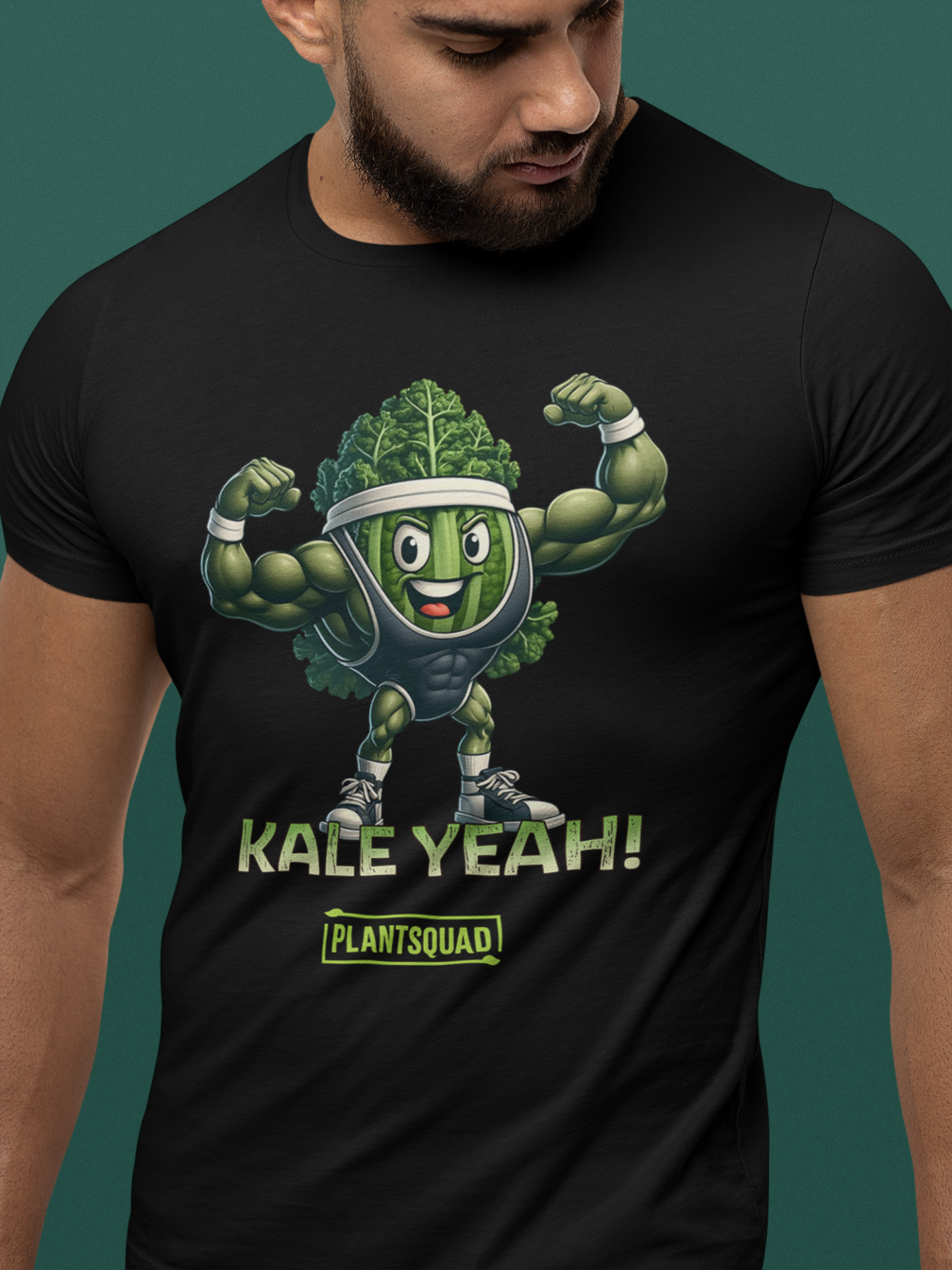 A black Plantsquad Kale "Kale Yeah!" - Unisex T-Shirt showcases a cartoon illustration of a muscular, flexing kale leaf wearing a headband, sneakers, and a smile. Below the character, the text proudly declares "KALE YEAH!" with "PLANTSQUAD" subtly printed underneath in smaller font.