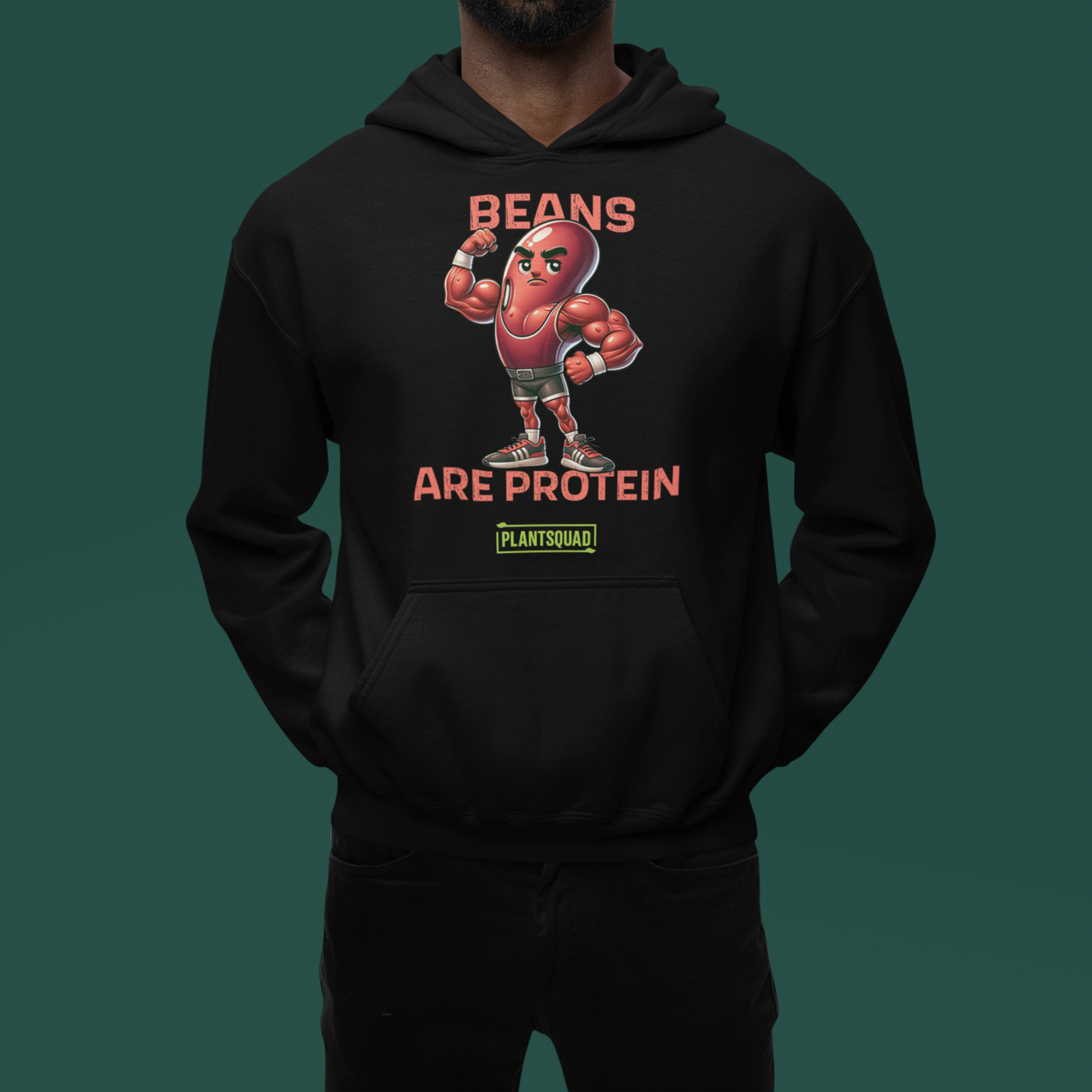 A black hoodie featuring a graphic of a muscular, anthropomorphic bean character in boxing gear, with the text "Beans Are Protein" in bold red letters above and below the image. Embrace your vegan lifestyle with this Plantsquad Kidney Bean "Beans Are Protein" - Unisex Hoodie. Below the text is a small green rectangle with the word "PLANTSQUAD.