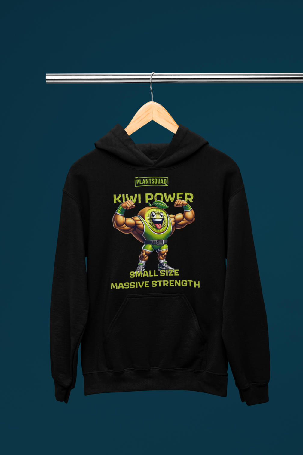 A black weight lifting hoodie featuring a cartoon kiwi character with muscular arms flexing. Above the character is the text "PLANTSQUAD" and "KIWI POWER". Below the character, it reads "SMALL SIZE MASSIVE STRENGTH" in yellow-green font, perfect for showcasing your vegan lifestyle—the Plantsquad Kiwi "Kiwi Power Small Size Massive Strength" - Unisex Hoodie.