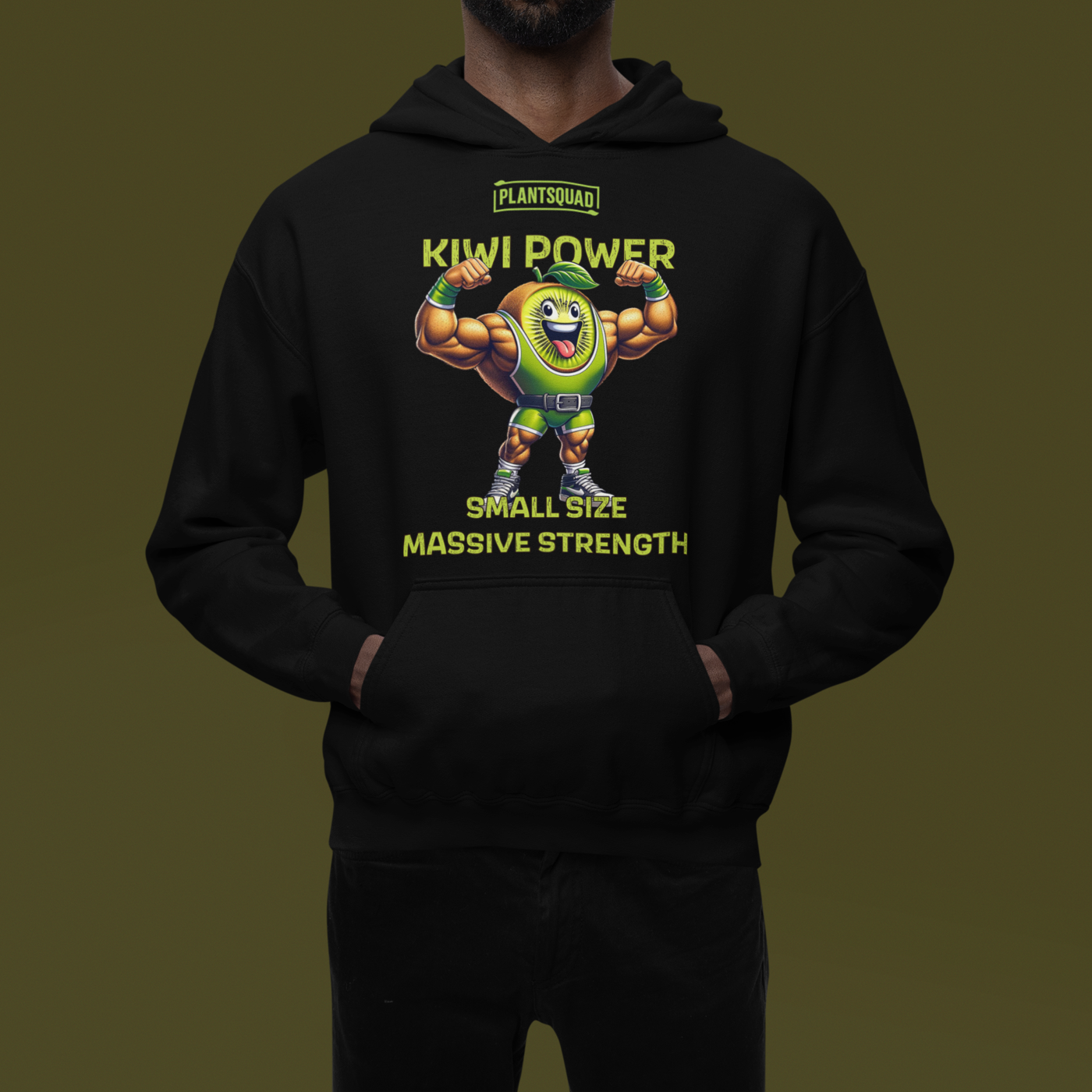 A black weight lifting hoodie featuring a cartoon kiwi character with muscular arms flexing. Above the character is the text "PLANTSQUAD" and "KIWI POWER". Below the character, it reads "SMALL SIZE MASSIVE STRENGTH" in yellow-green font, perfect for showcasing your vegan lifestyle—the Plantsquad Kiwi "Kiwi Power Small Size Massive Strength" - Unisex Hoodie.