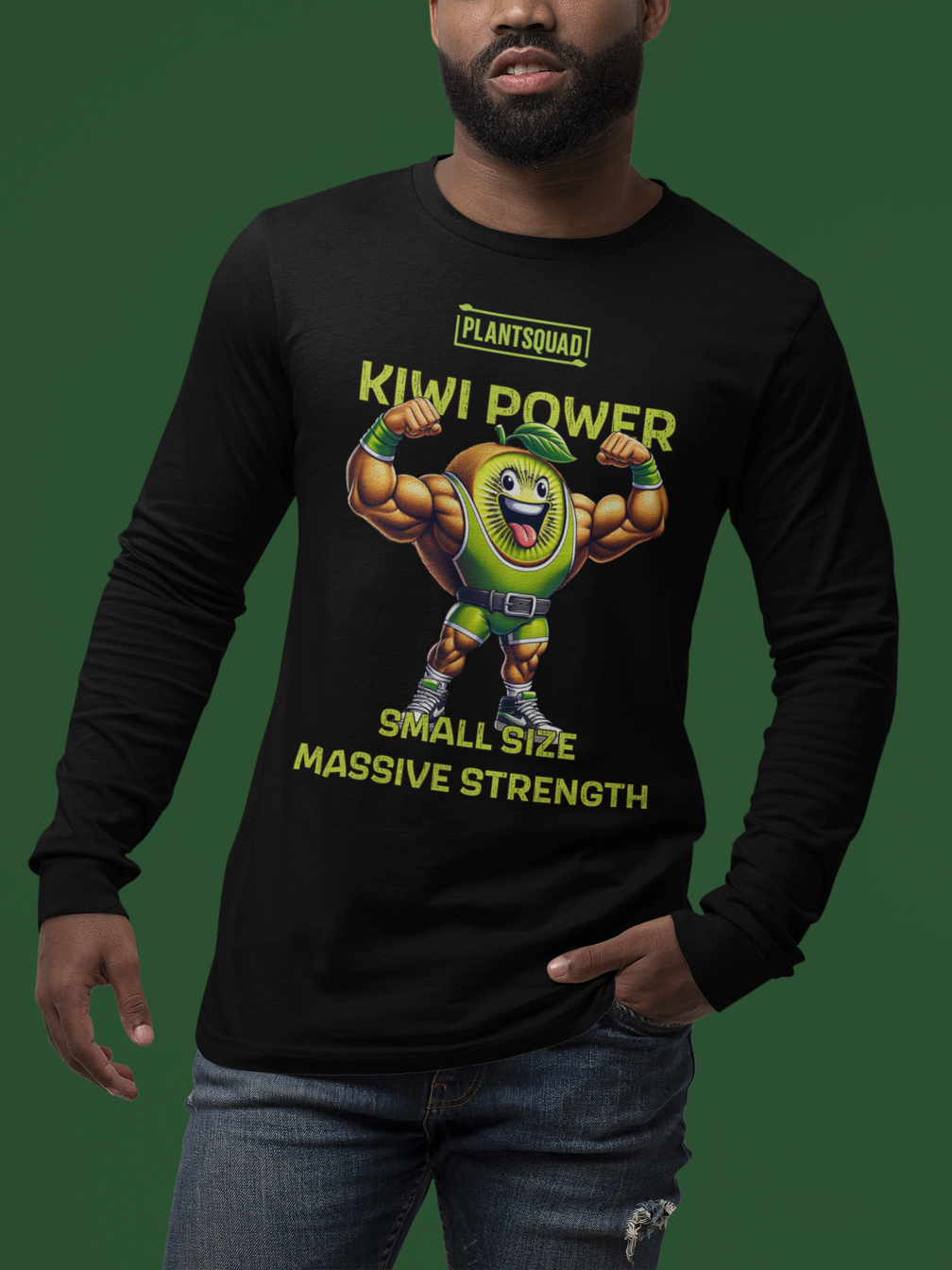 Black long-sleeve shirt featuring a muscly kiwi cartoon flexing its muscles. Above the character, the text reads "PLANTSQUAD," and below, it says "KIWI POWER." Further down, the text reads "SMALL SIZE MASSIVE STRENGTH" in bold yellow letters—a perfect fit for fitness enthusiasts embracing a vegan lifestyle. Introducing the Plantsquad Kiwi "Kiwi Power Small Size Massive Strength" - Unisex Long Sleeve T-Shirt.