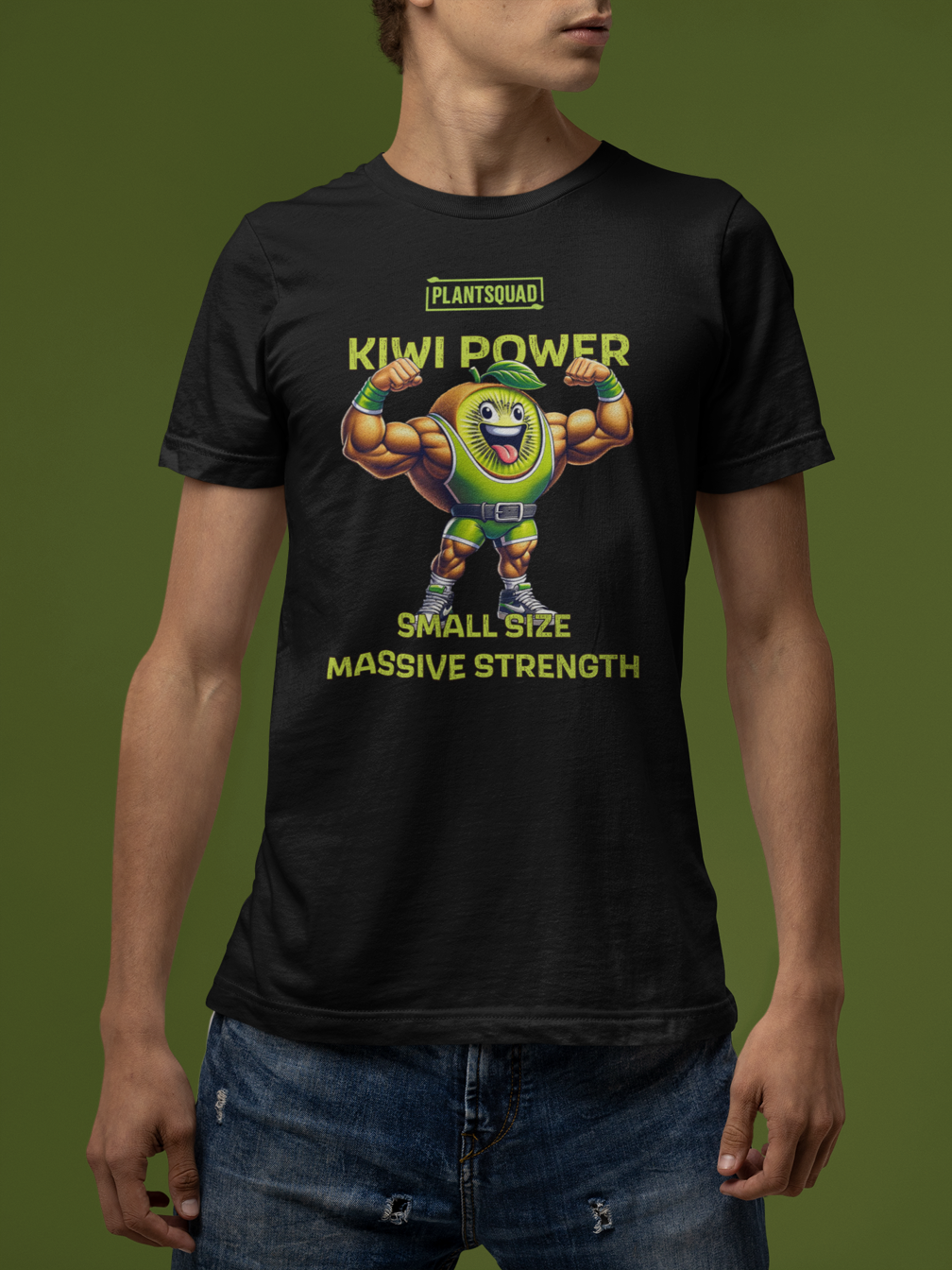 A Plantsquad Kiwi "Kiwi Power Small Size Massive Strength" - Unisex T-Shirt featuring a muscly kiwi cartoon character flexing its arms. Above the character, the text reads, "PLANTSQUAD KIWI POWER." Below the character, the text reads, "SMALL SIZE MASSIVE STRENGTH," perfect for a vegan lifestyle vibe.