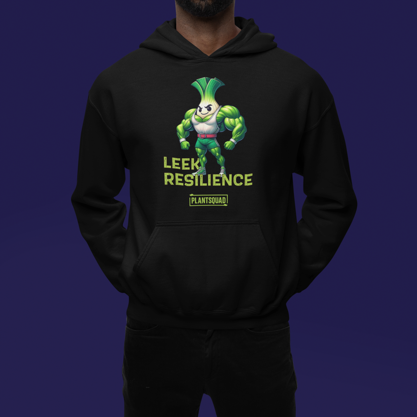 A black *Plantsquad Leek "Leek Resilience" - Unisex Hoodie* featuring an animated muscular leek character. The leek, with muscular arms and a confident pose, is accompanied by the text "Leek Resilience" above and "Plantsquad" below. Made from cozy fabric, this hoodie is perfect for those embracing a vegan lifestyle.