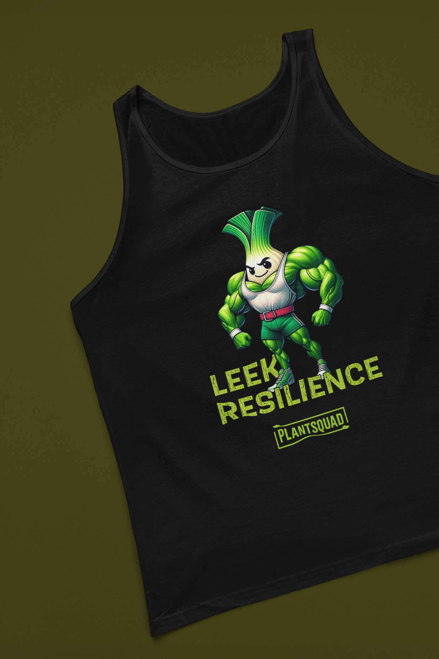 A Plantsquad Leek "Leek Resilience" - Unisex Tank Top featuring a muscular cartoon leek character. The text "LEEK RESILIENCE" is written in green below the character, and "PLANTSQUAD" is written at the bottom. Ideal for gym enthusiasts embracing a plant-based lifestyle, the leek has a determined expression and is flexing its arms.