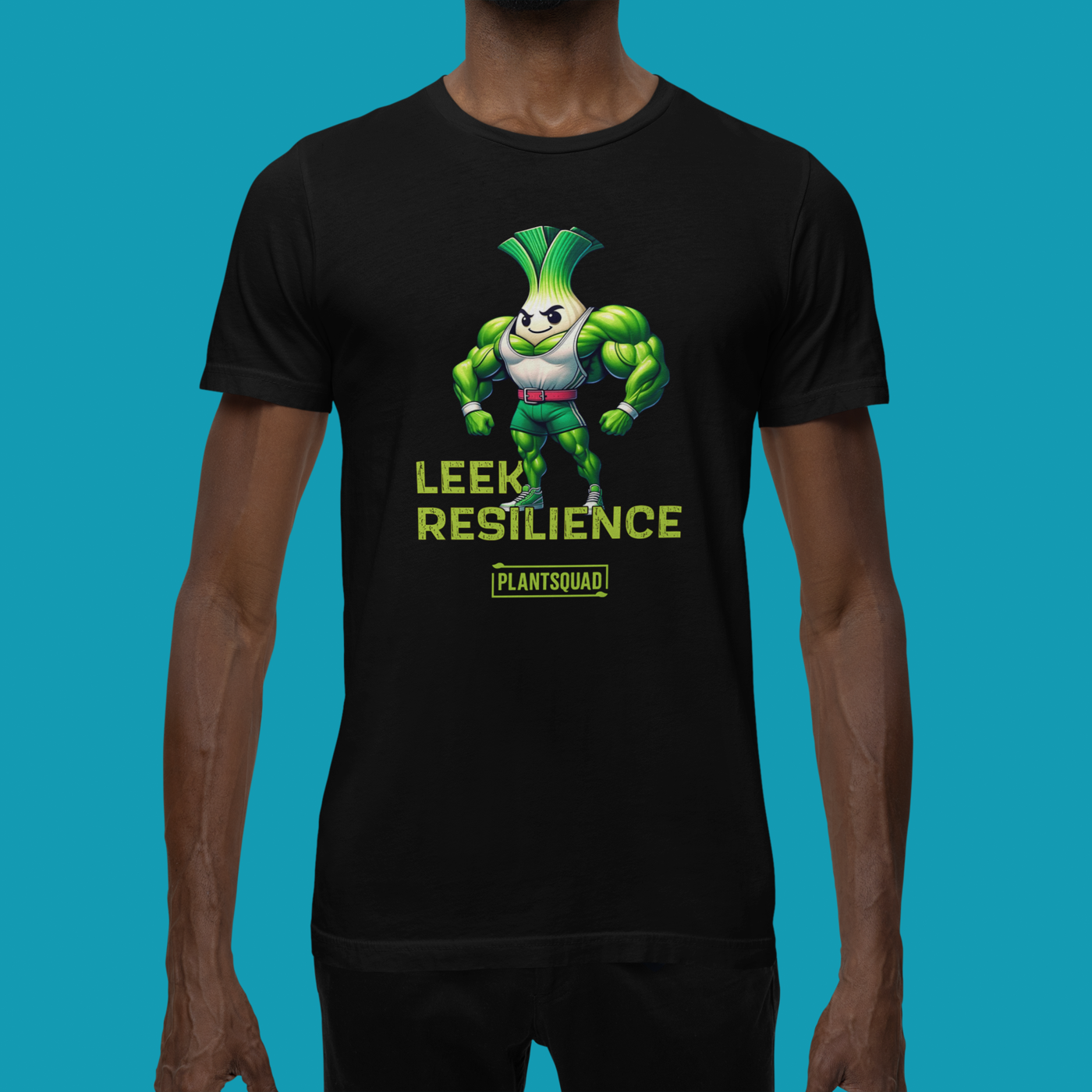 A black T-shirt features a muscular cartoon leek with a determined expression, perfect for embracing a plant-based lifestyle. The leek has a white bulb and green foliage, wearing red shorts. Text reads "Leek Resilience" above and "Plant Squad" below, making it the ultimate fitness t-shirt. Introducing the Plantsquad Leek "Leek Resilience" - Unisex T-Shirt!